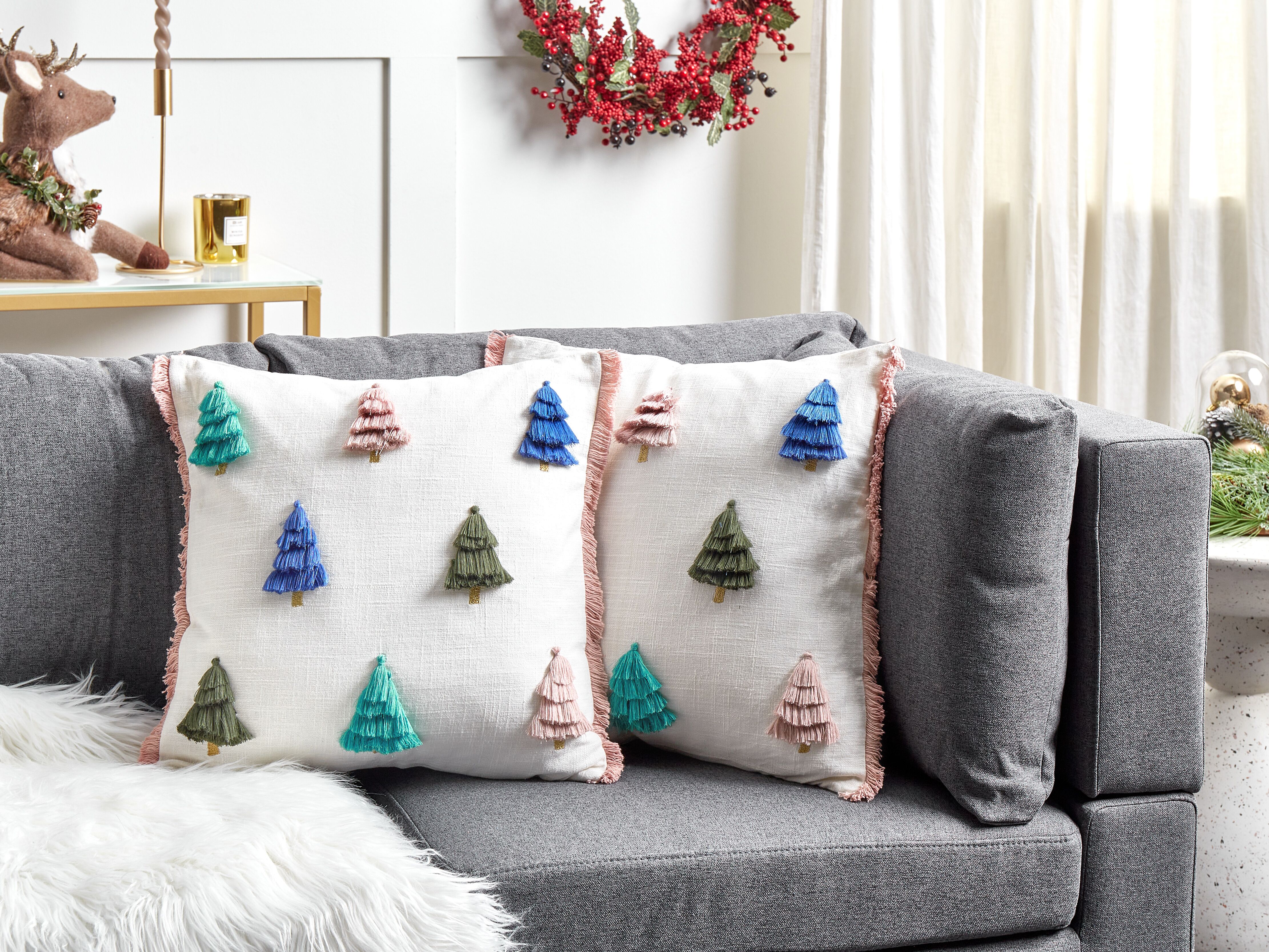 Set of 2 Decorative Cushions SKIMMIA Cotton 45 x 45 cm White Christmas Motif