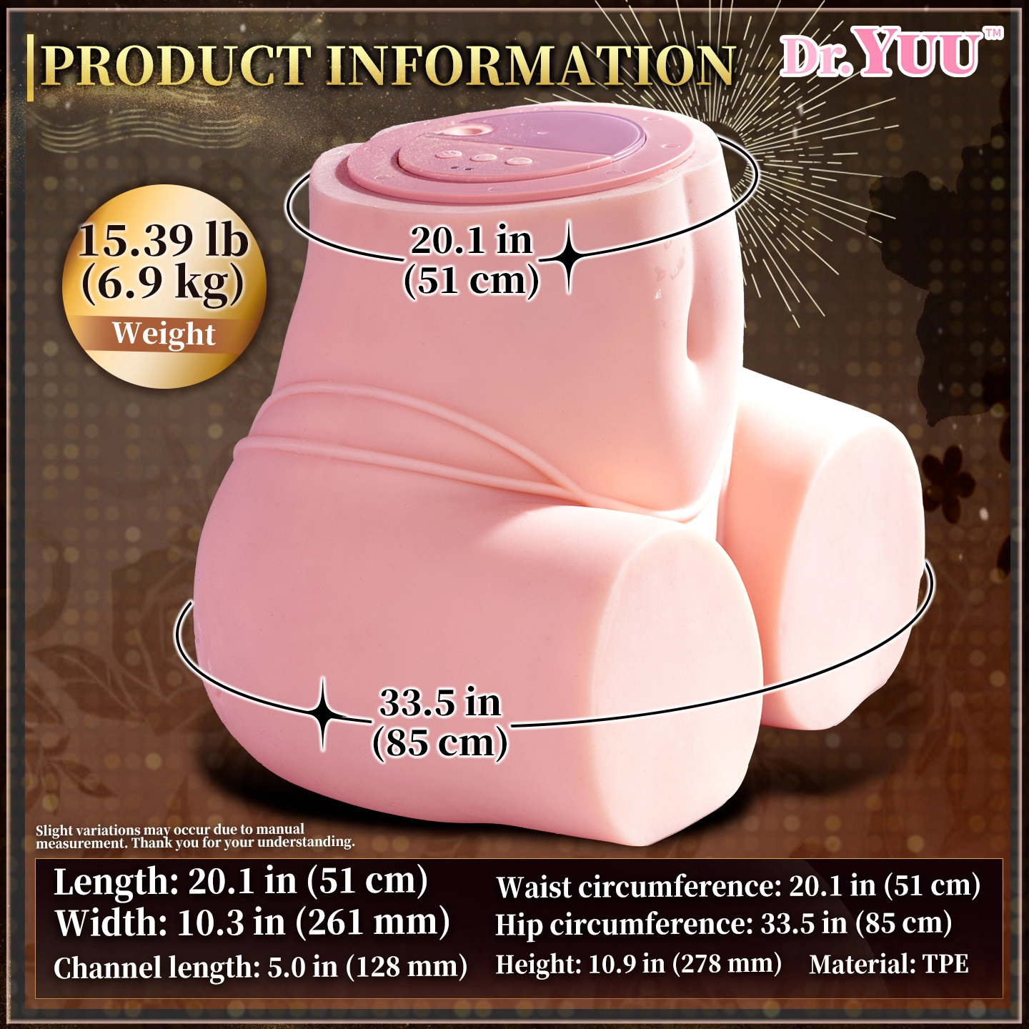 Dr.YUU vibrating ass masturbator specifications: 15.39 lb weight, 5.0 in internal channel, 180 ml water reservoir, and warm water compatibility below 122°F