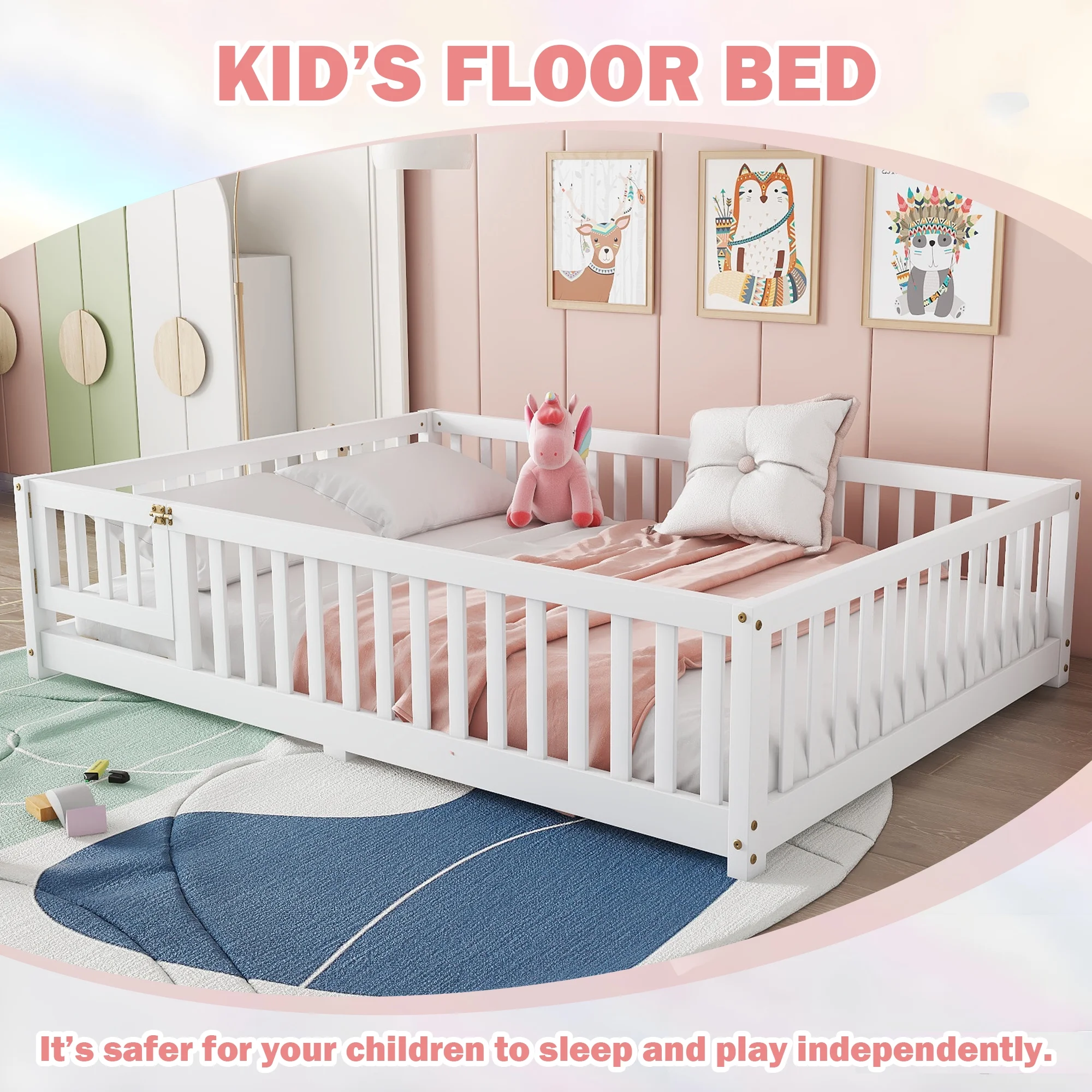 Bellemave Full Size Floor Bed with Door and Fence Floor Bed with Bed Slats Sturdy Wood Floor Bed Montessori Bed Frame (Full, Pink) - Image 33