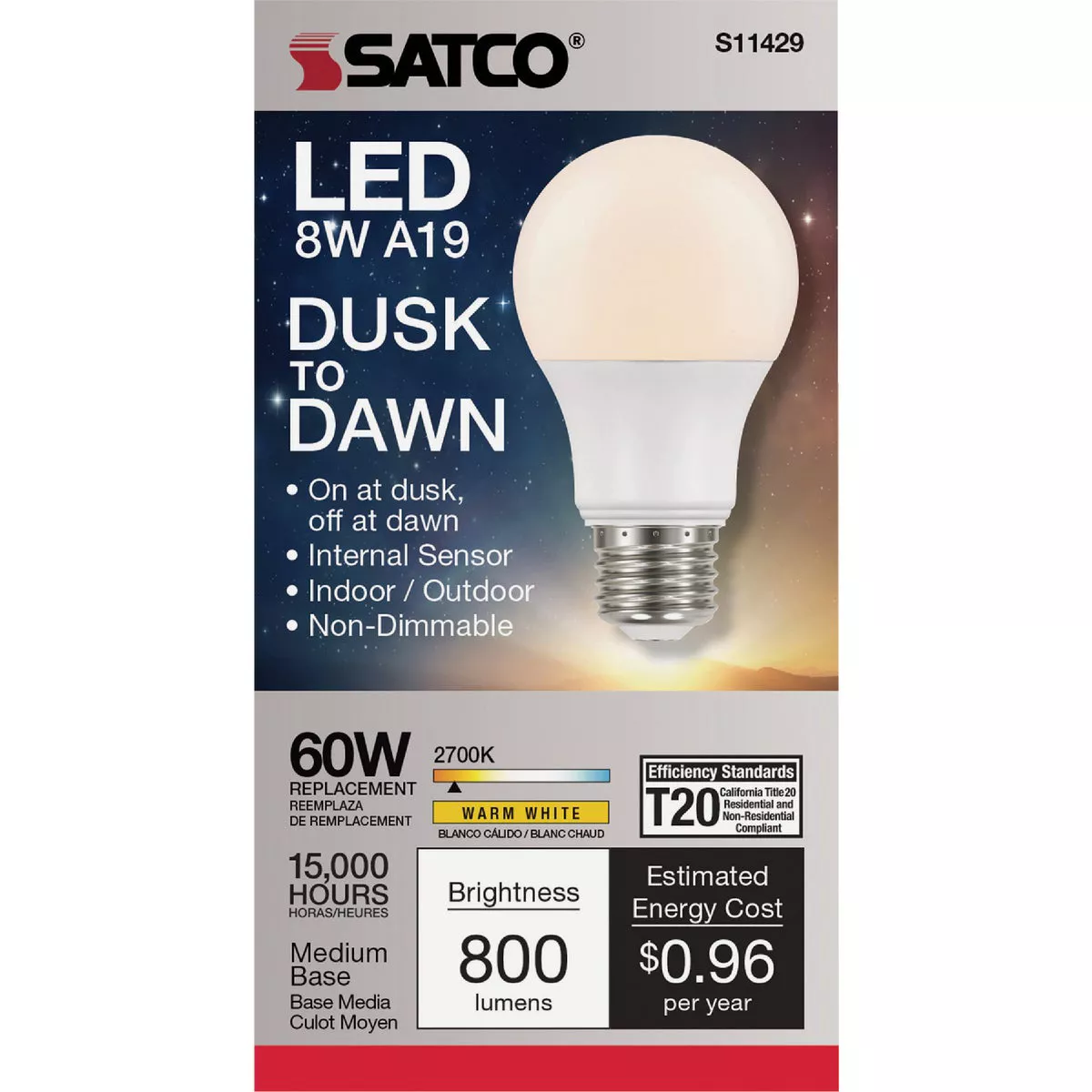 Satco Nuvo 60W Equivalent Warm White A19 Medium Dusk To Dawn LED Light Bulb