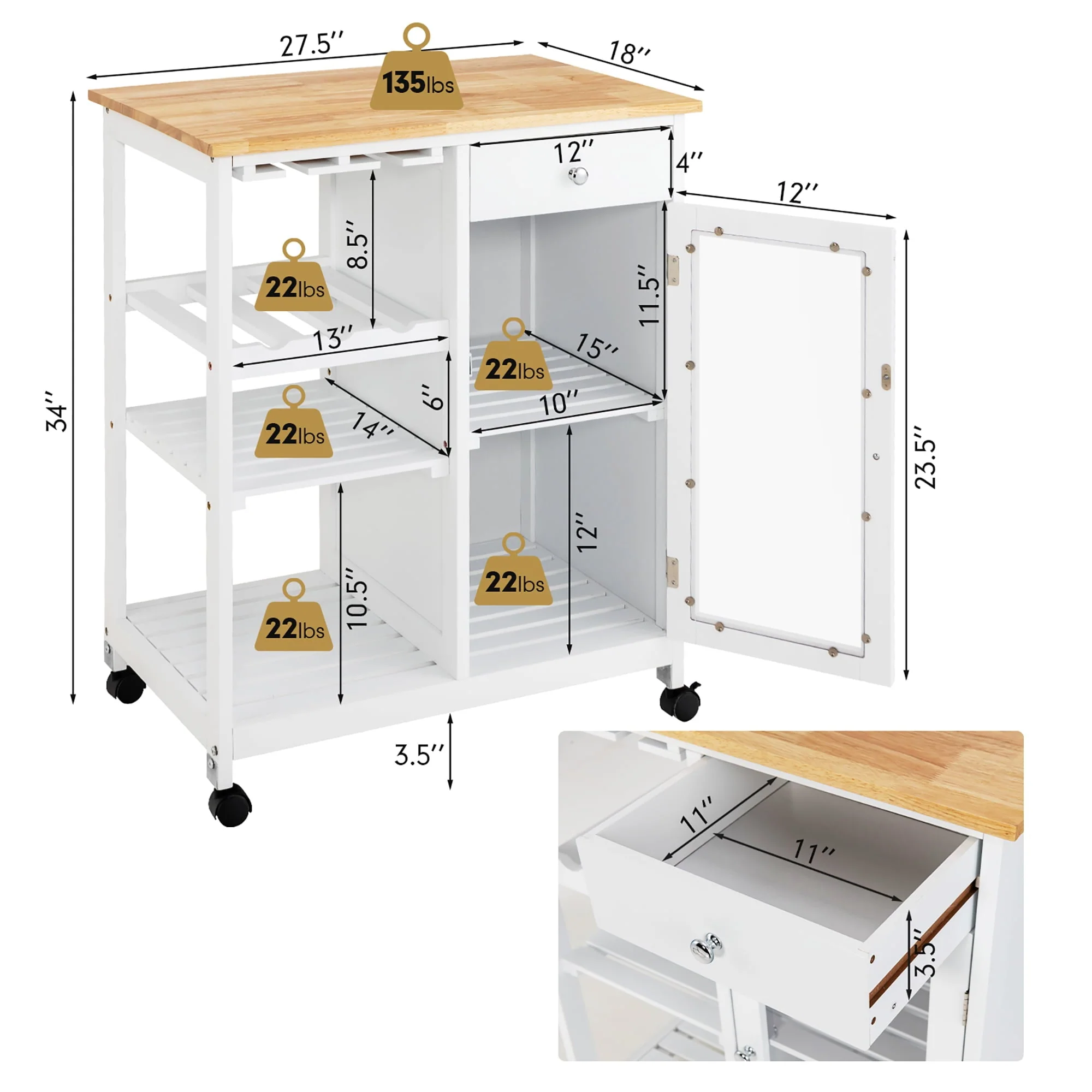 Costway Rolling Kitchen Island Wood Top Trolley Cart Storage Cabinet w/Shelf & Wine Rack - Image 4