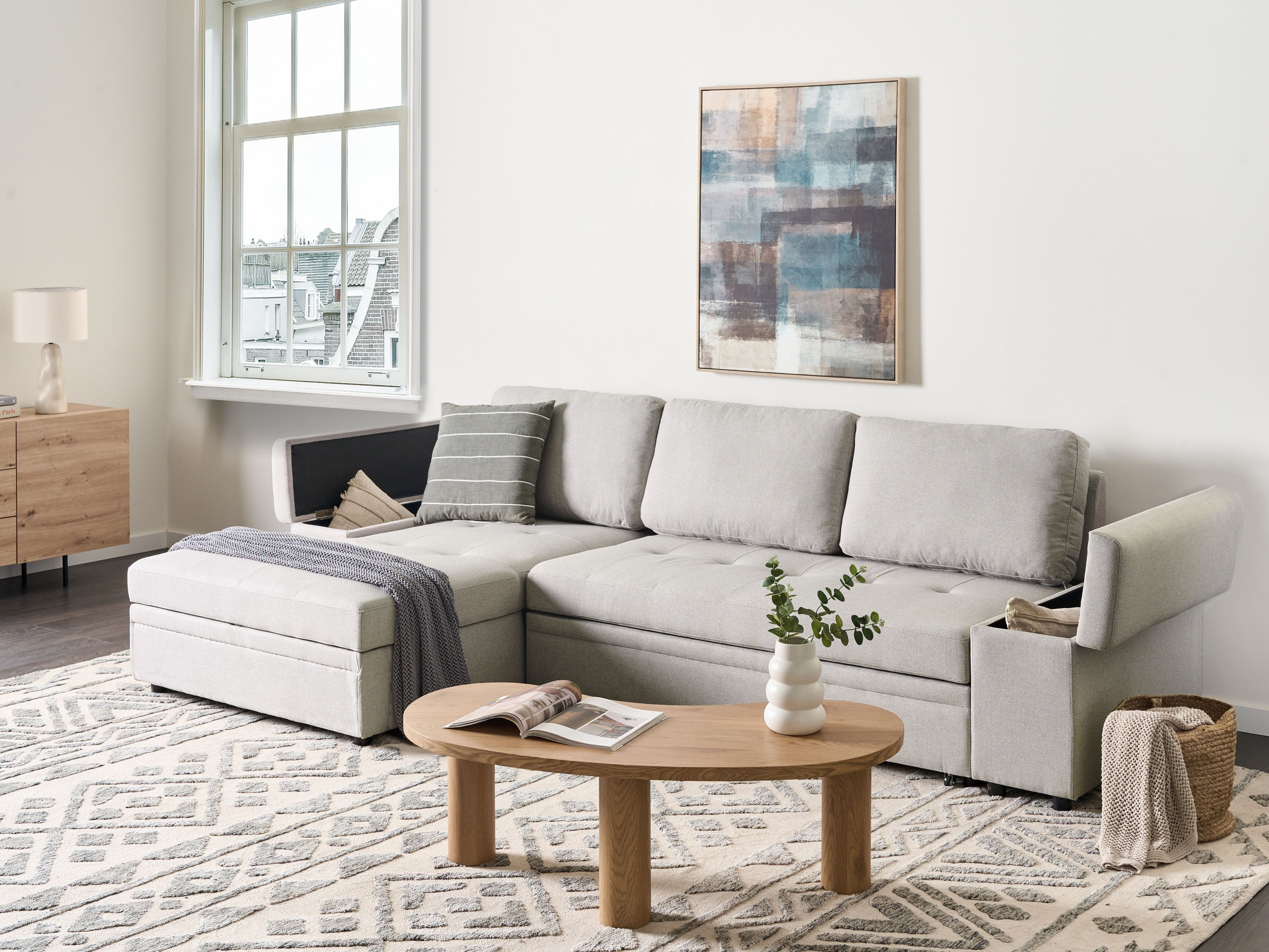 Corner Sofa Bed 3 Seater HRISEY Faux Linen Light Grey with Storage Right Hand