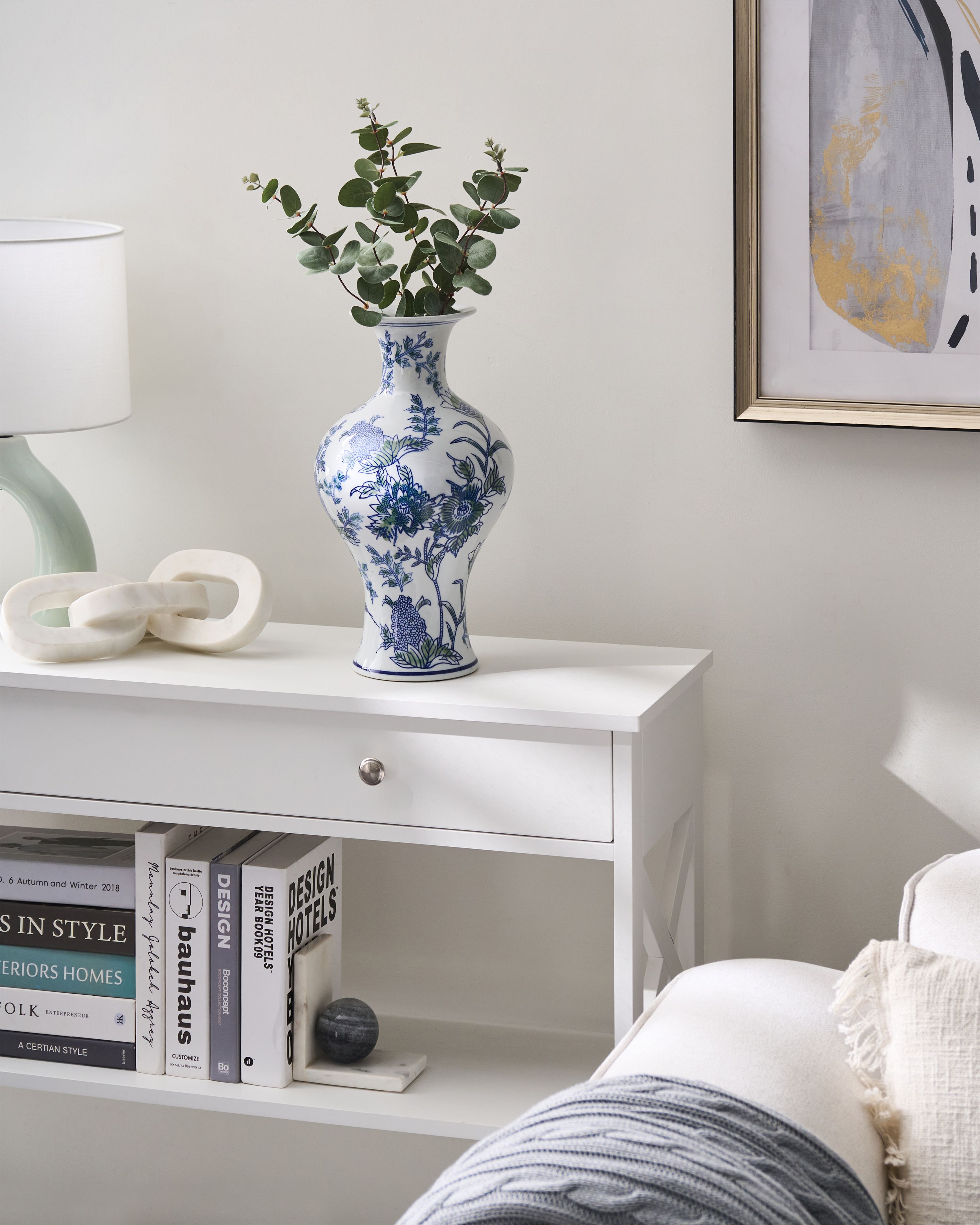 Flower Vase BERGA Porcelain 36 cm White/ Blue