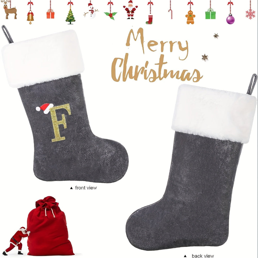 Gepersonaliseerde Fluwelen Kerstsok met Monogram – Modern Grijs Ontwerp