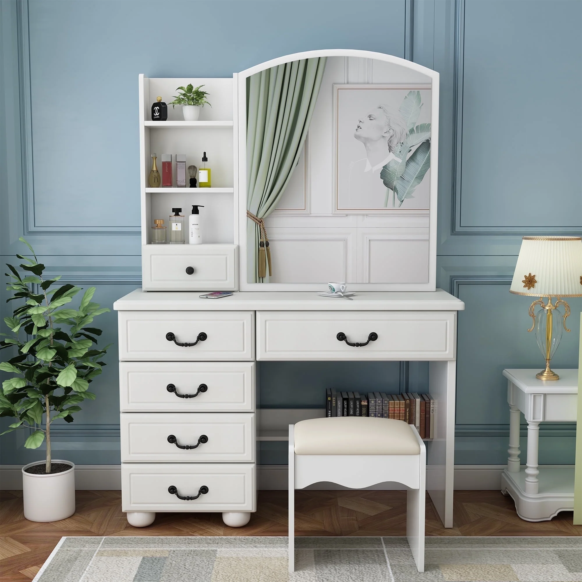 Montary Modern Mini Vanity w/Adjustable LED Mirror + Hidden Storage, Padded Stool & Dustproof Shelves (White) - Image 148
