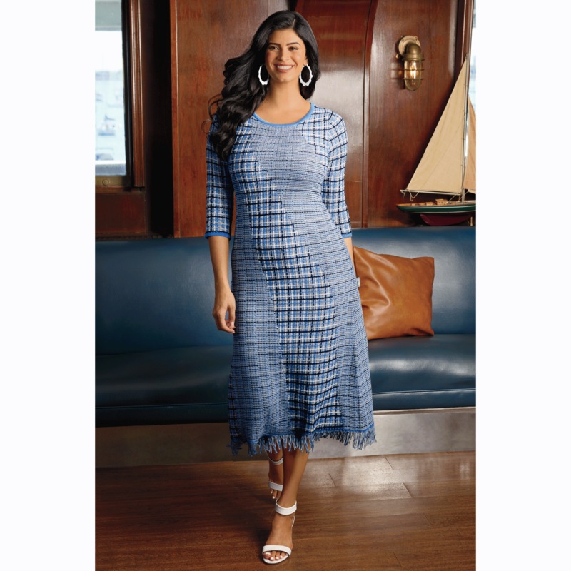 Delise Two-Pattern A-Line Sweater Dress - MIDNIGHT VELVET CATALOG