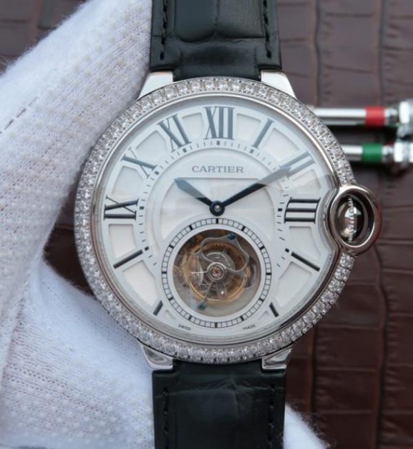 Replica Cartier Ballon Bleu Tourbillon SS Diamond Bezel Black Leather Strap - Top club