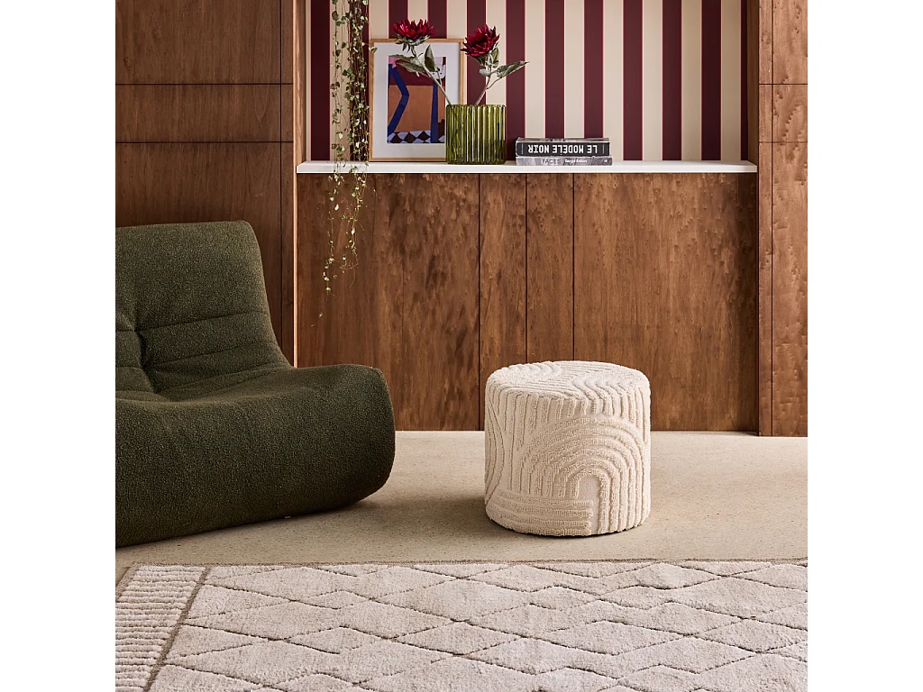 Pouf rond bouclette tuftée blanc Ø43 x H 37cm - Nuba