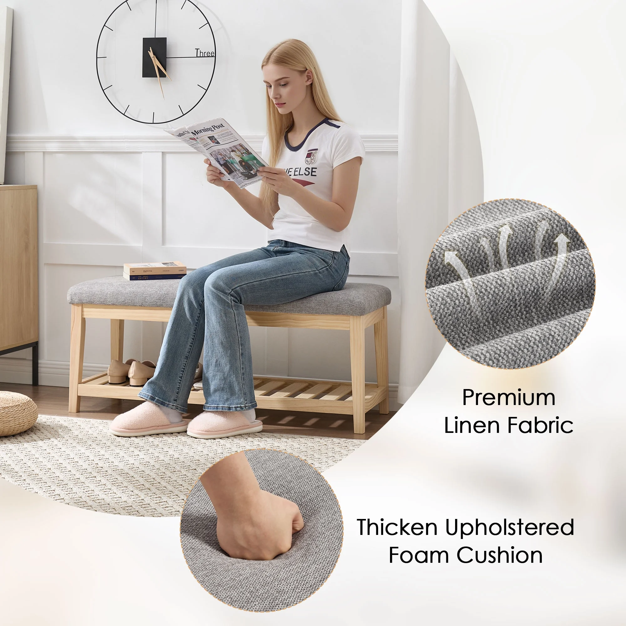 Zesthouse 42.9�?Shoe Bench with Storage, Entryway Bench for Living Room, Bedroom and Hallway, Linen Fabric Upholstered Bench with Solid Wood Shelf, Gray - Image 9