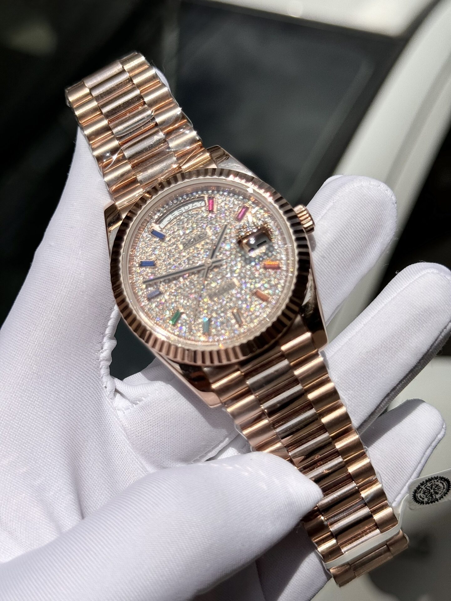 Rolex Day-Date Gold Wrapped Replica Watch With Moissanite Full DIal GM V2 40mm - Elite Watch Atelier