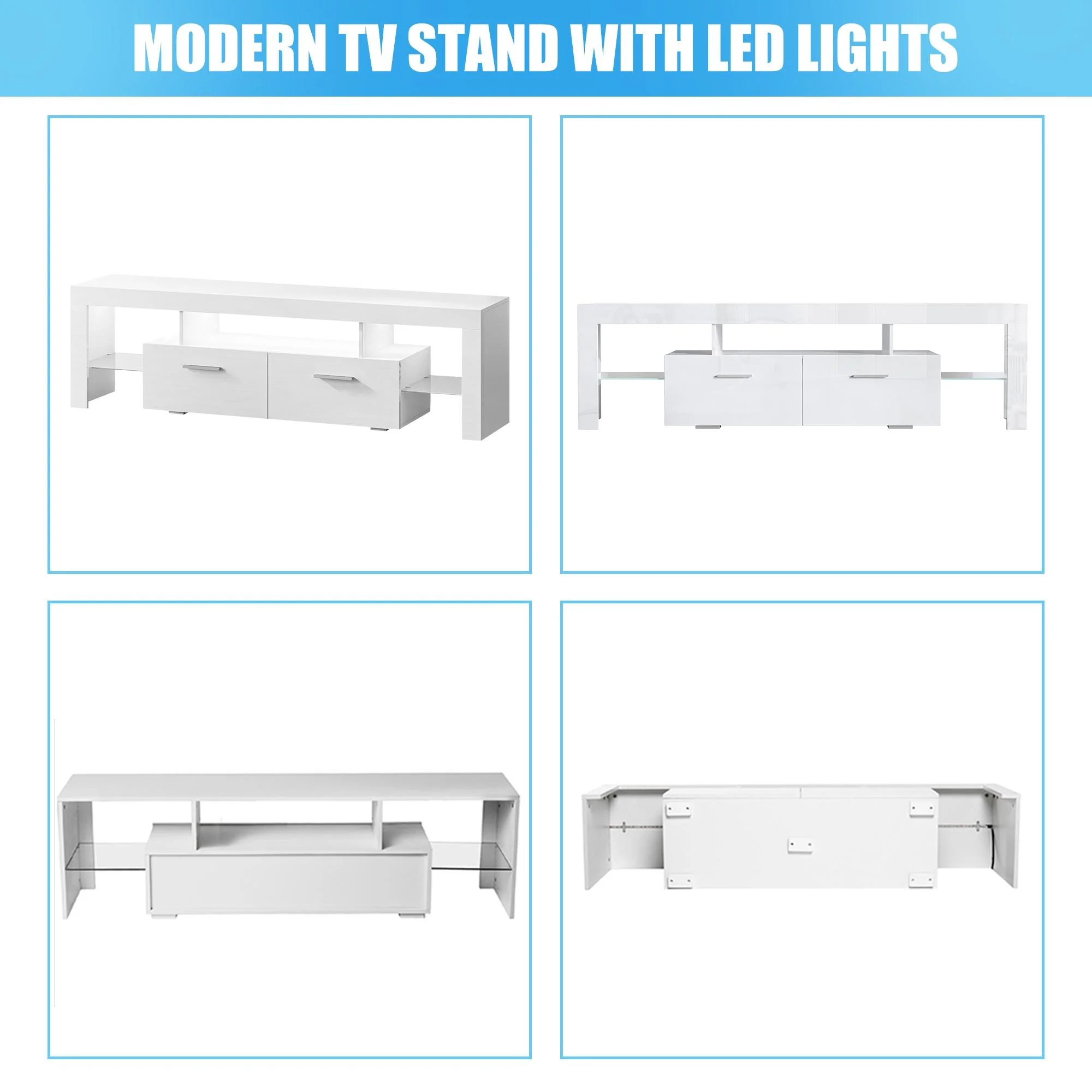 PAPROOS TV Stand for TVs up to 70", High Gloss TV Cabinet with LED Light, Modern TV Console Table with Storage Drawers, Media Television Stand Entertainment Center, White - Image 9