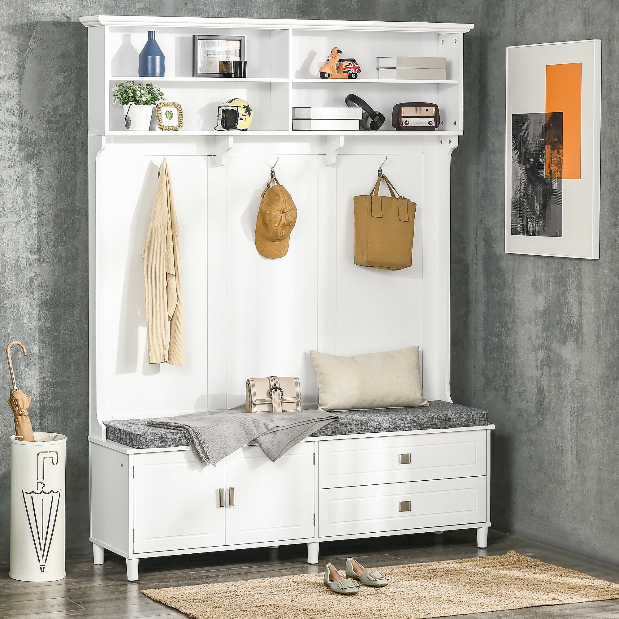 HOMCOM Hall Tree with Storage Bench, Entryway Bench with Coat Rack, Accent Coat Tree with Storage Shelves, Cabinet and Drawers for Hallway, Mudroom, White - Image 2