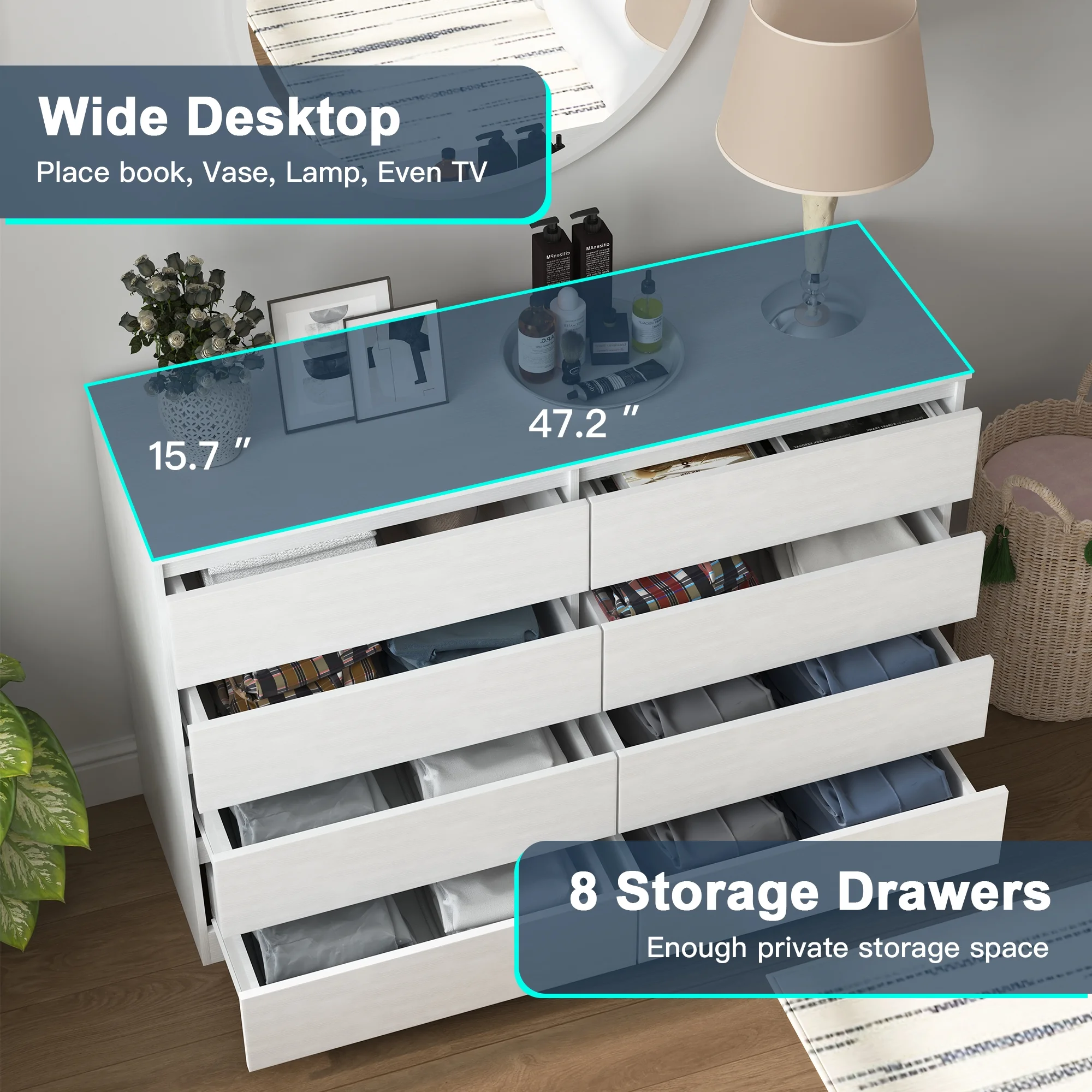 Kadyn White Chest of Drawer, 6 Double Drawer Dresser for Bedroom, Modern Storage Cabinet for Living Room, Dresser - Image 76