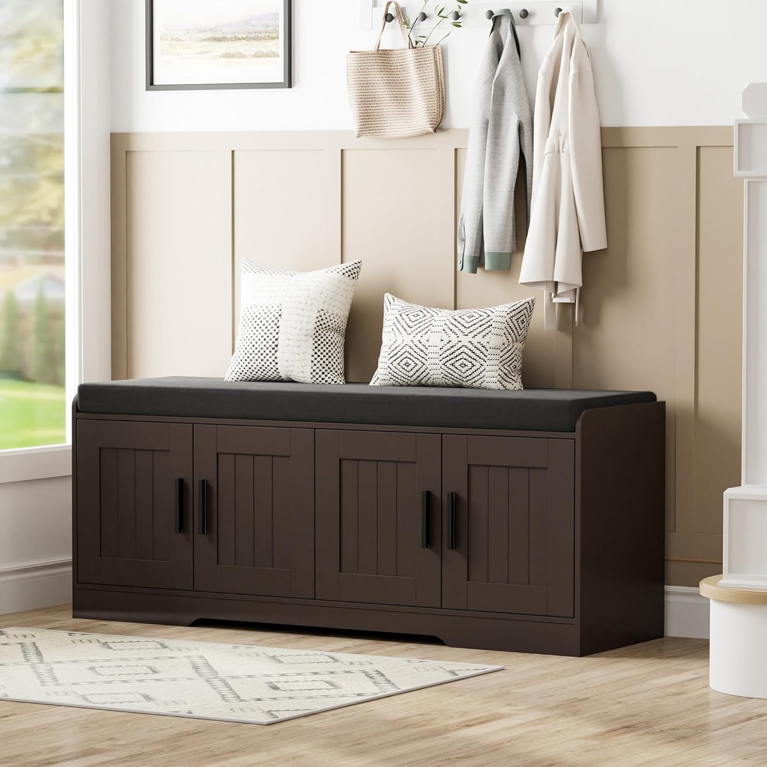 Homleke 2-Tier Storage Bench, Shoe Bench with Thickened Padded Seat Cushion, Entryway Bench with 4 Doors, Adjustable Shelf, 13.8