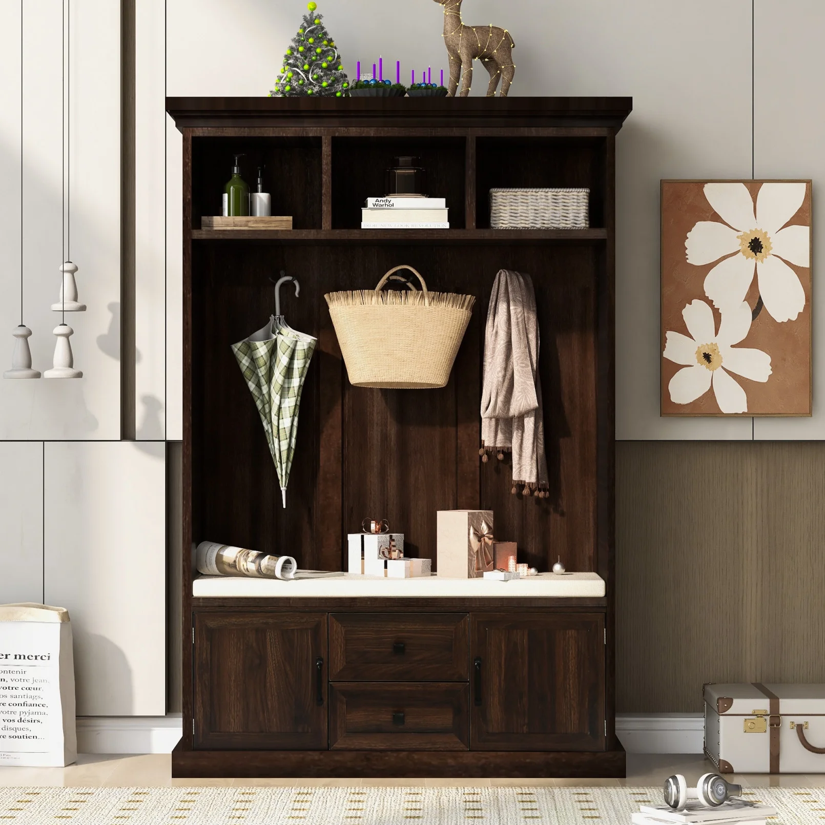 Triple Tree 3-in-1 Modern Wooden Tiger Entryway Bench Storage Cabinet Hall Tree