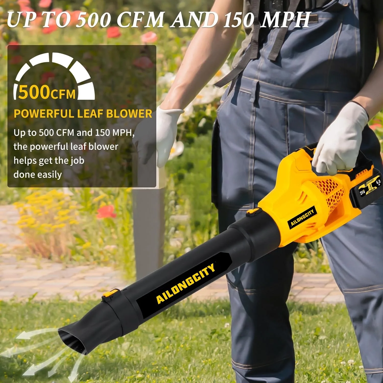 21V Cordless Leaf Blower, 2 x 6.0Ah Battery Powered Blowers Leaf, 6 Speed Levels & 500CFM/150MPH, Blowers for Lawn Care, Sopladora De Hojas with Extension Nozzle for Patio, Snow