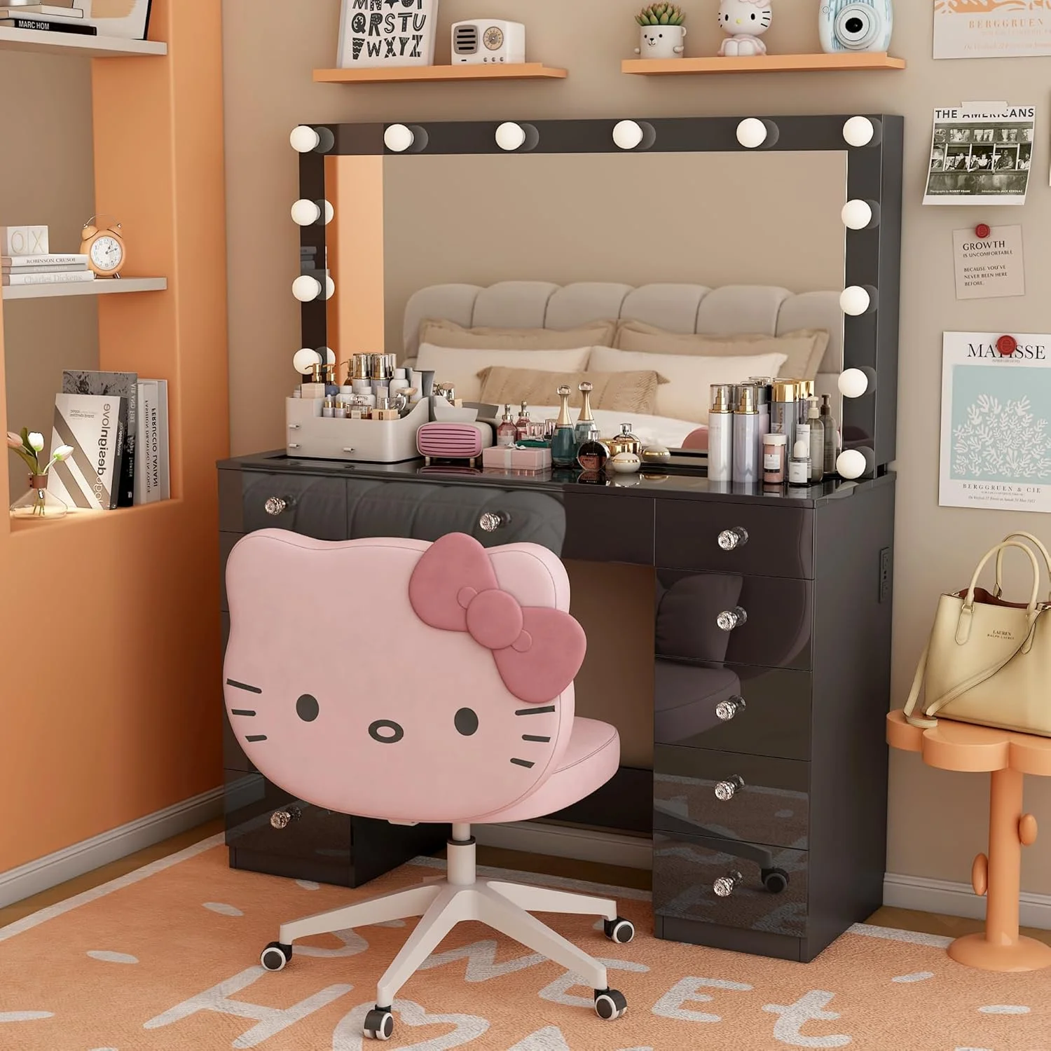 Vanity Desk with Power Outlet, Makeup Vanity with Mirror and 14 LED Light, 3 Lighting Modes,11 Drawer Vanity Table with Sliding Jewelry Storage, Glass Top, Specular Surface - Image 9