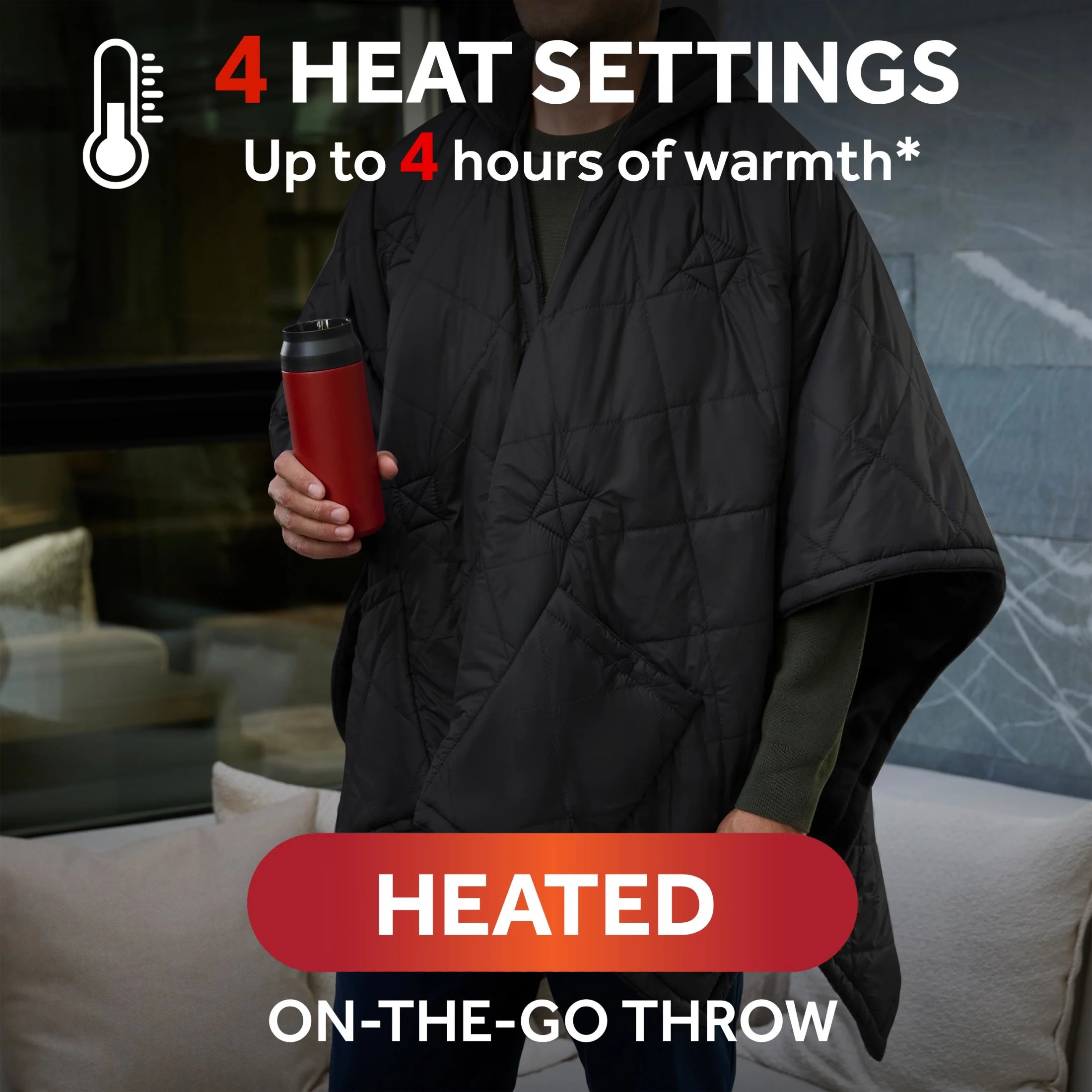 Sunbeam On-the-Go Cordless Heated Throw Blanket with Hood Black Nylon/Microplush 50x66