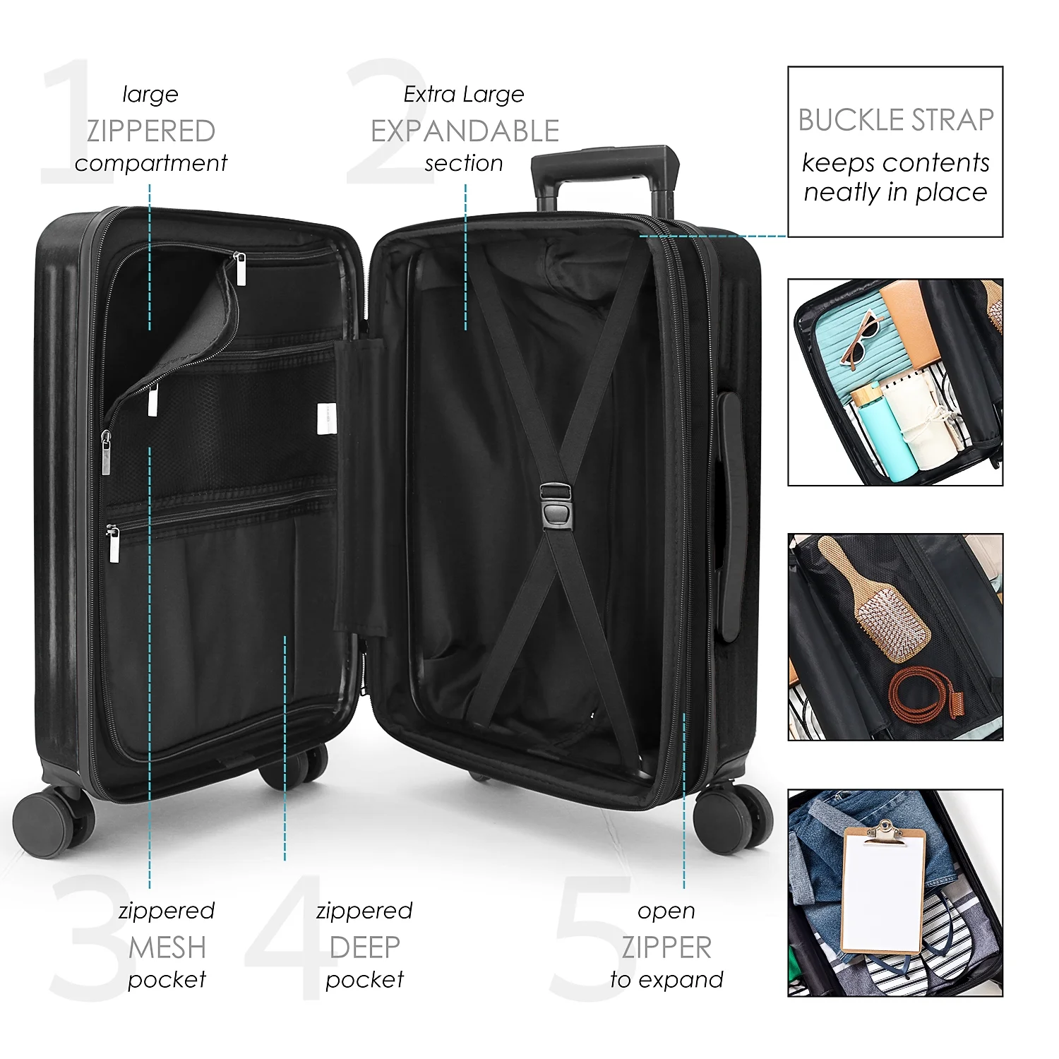 Virtu 4 Piece Hardshell Exapandable Luggage Set, Spinner Luggage Suitcase Set, Navy Blue - Image 15