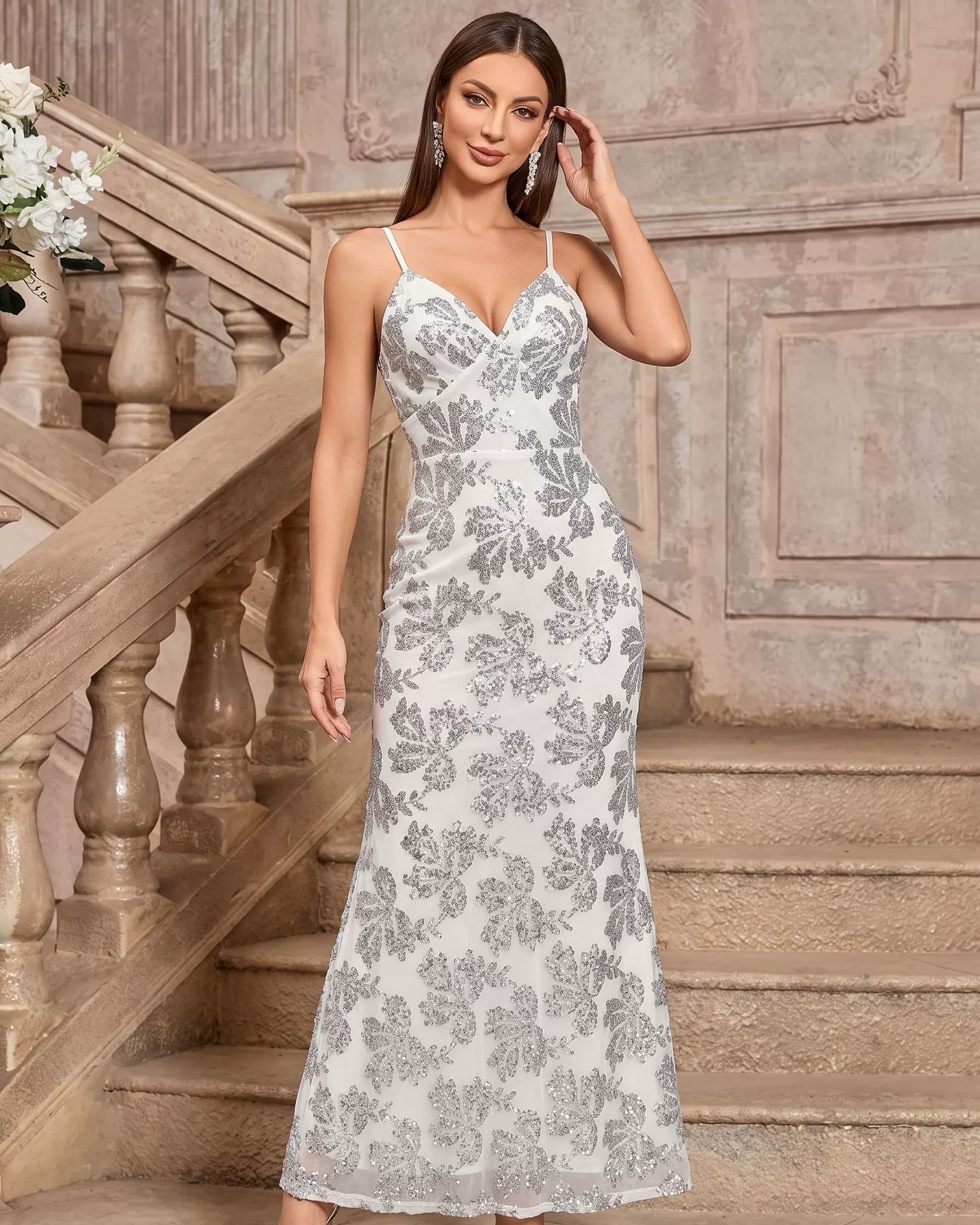 Glimmering Beauty Silver Sequin Sleeveless Column Maxi Dress