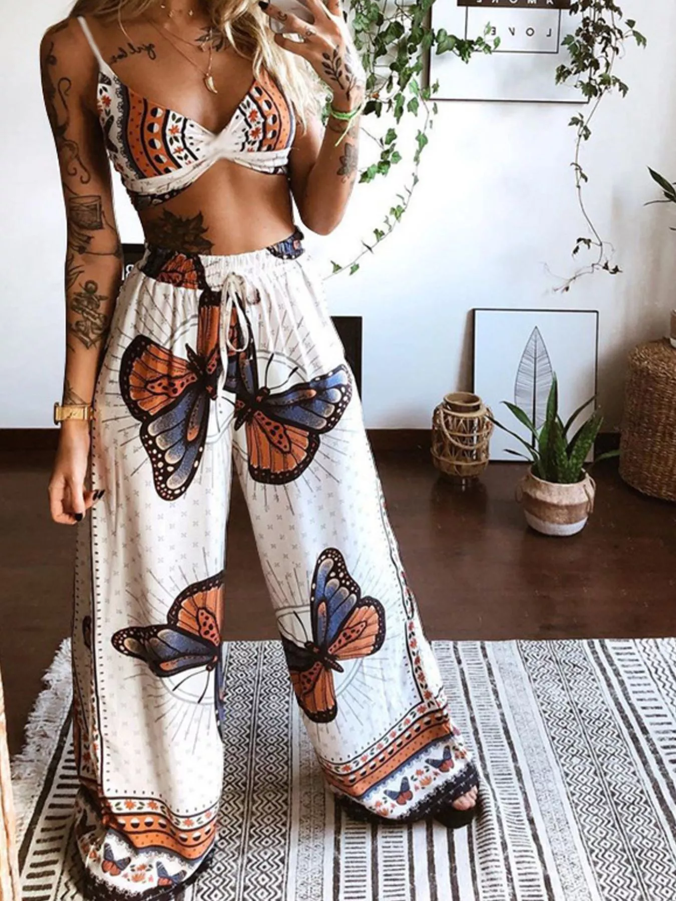 Boho Butterfly Print Top and Pants Set - ZKZOOK