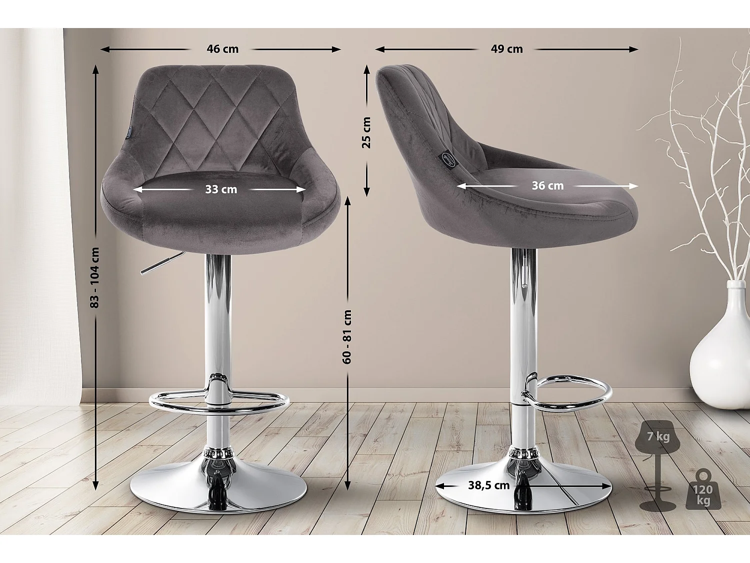 Lot de 2  Tabouret de bar - Velours & Chrome - Gris - Lazio