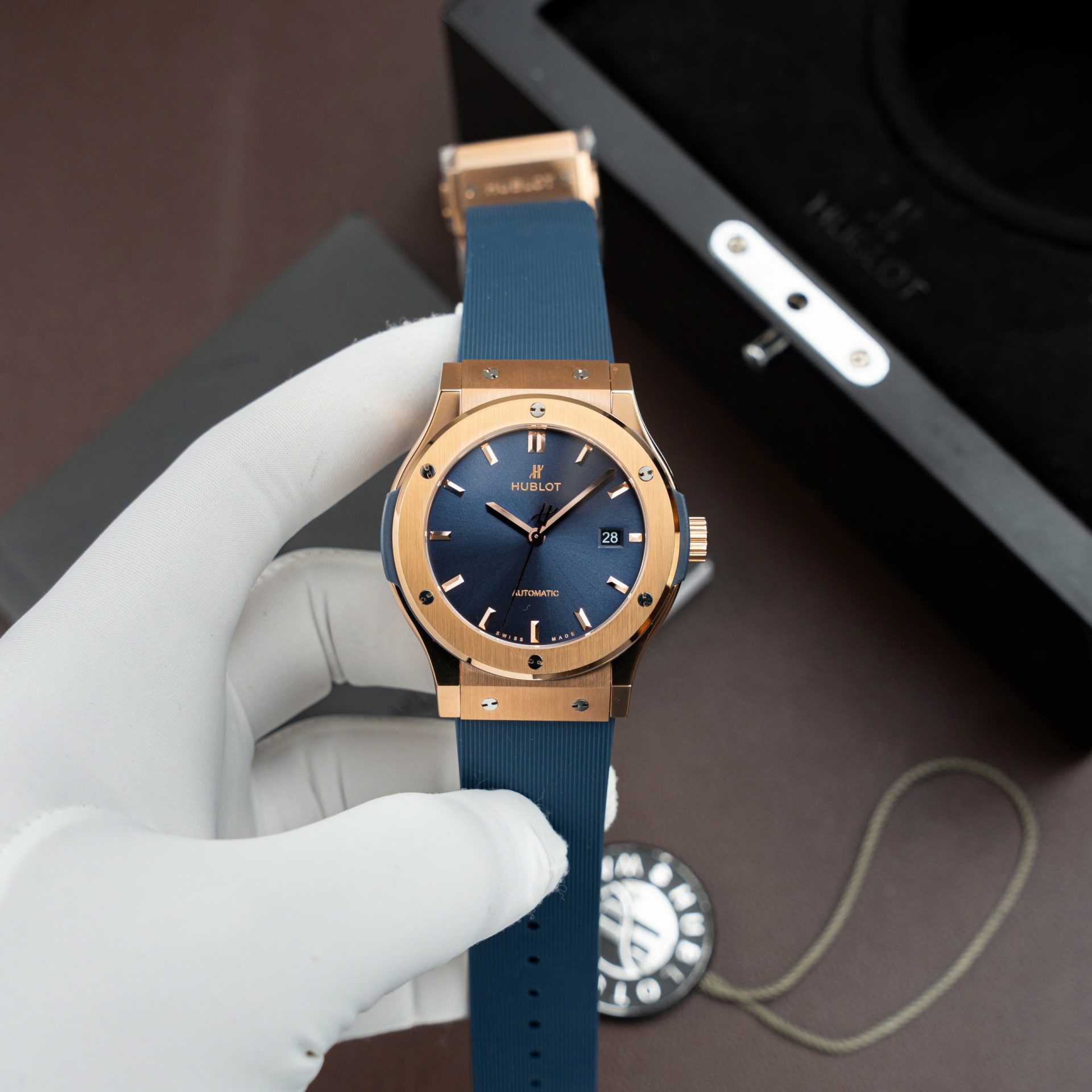 Hublot Copies Watches Classic Fusion King Gold Dial Blue Movement SW300 Rubber Strap 42mm - Top club