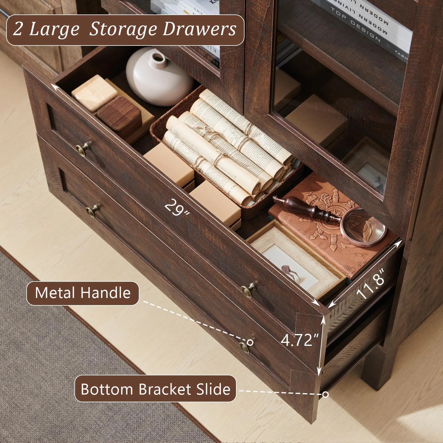 IFGET 71-Inch Arched 4-Tier Bookcase with Glass Doors and Drawers - Image 31