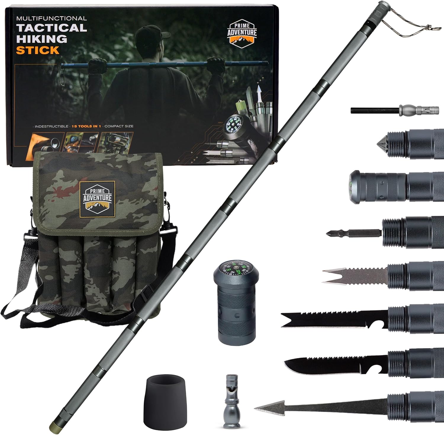 Prime Adventure 15-in-1 Tactical Survival Walking Stick & Hiking Staff – Heavy-Duty Collapsible Multitool for Camping, Hiking & Outdoor Survival Gear (8 Tubes, Premium Build)