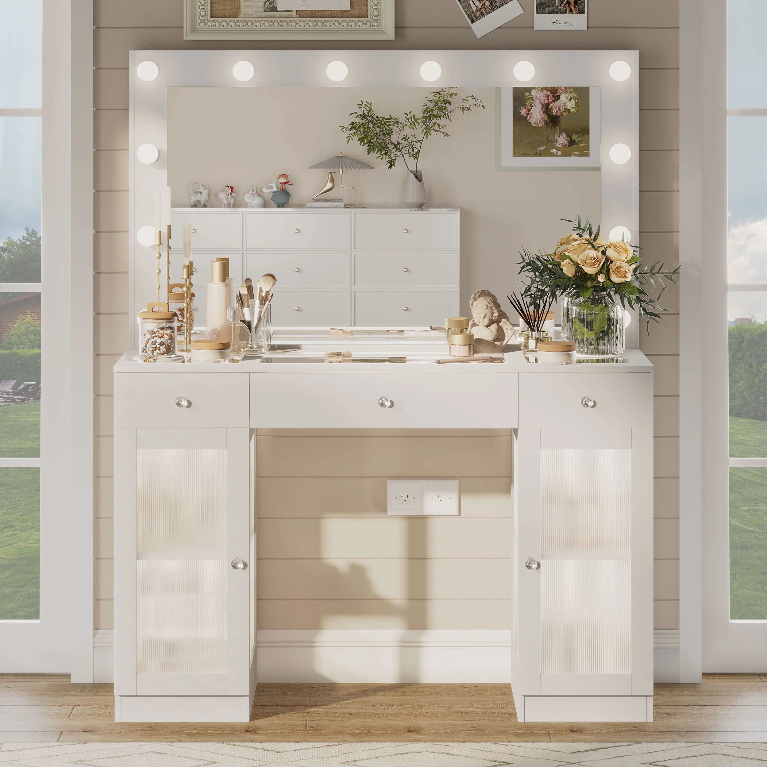 ABOVOBA Vanity Desk with Mirror and Lights,3 Drawers and Power Outlet Makeup Vanity for Women,White - Image 3