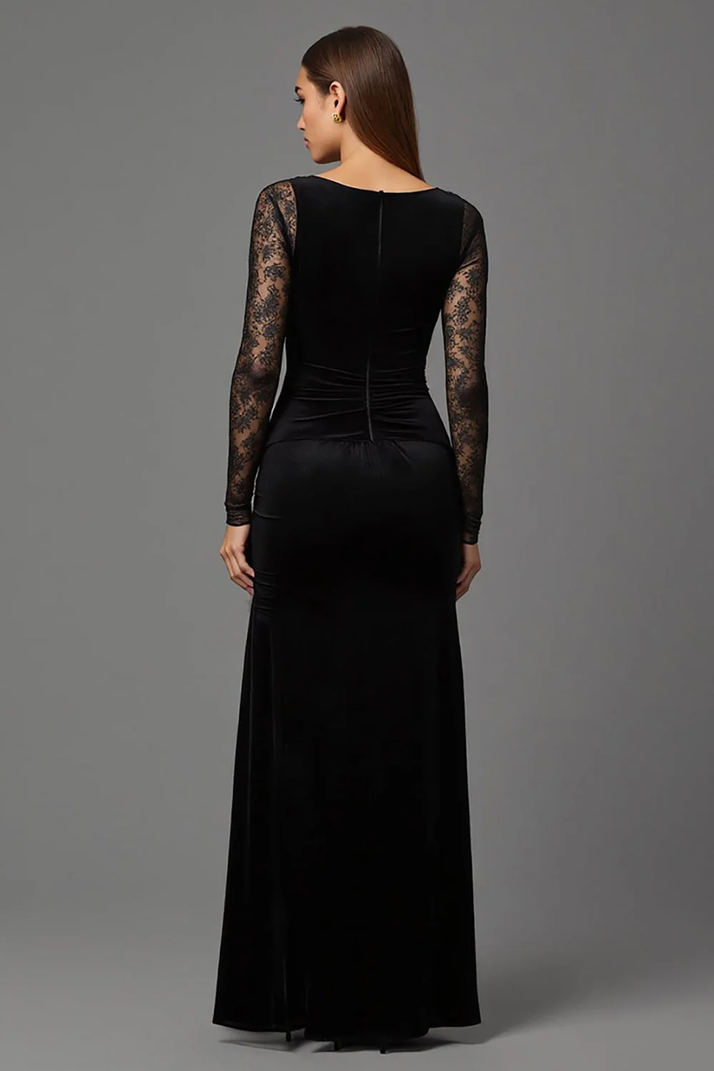 Black Sheath Velvet Illusion Boat Neck Long Sleeves Formal Dress