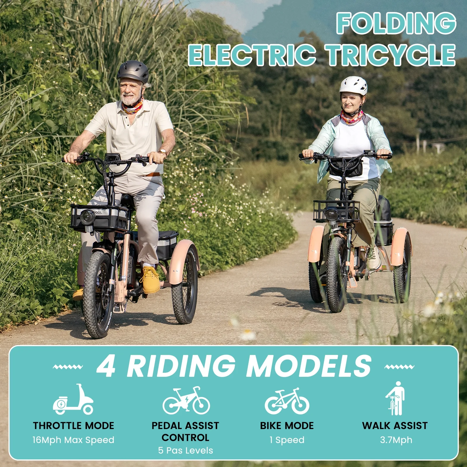 MOONCOOL TK1 Folding Electric Tricycle for Adults,48V 14.5Ah Removable battery, 500W(Peak 1000w)Motor, 20" Fat Tire Step-Thru 3Wheel Electric Bicycle w/Front&Rear Baskets, Certified to UL 2849 by SGS - Image 27