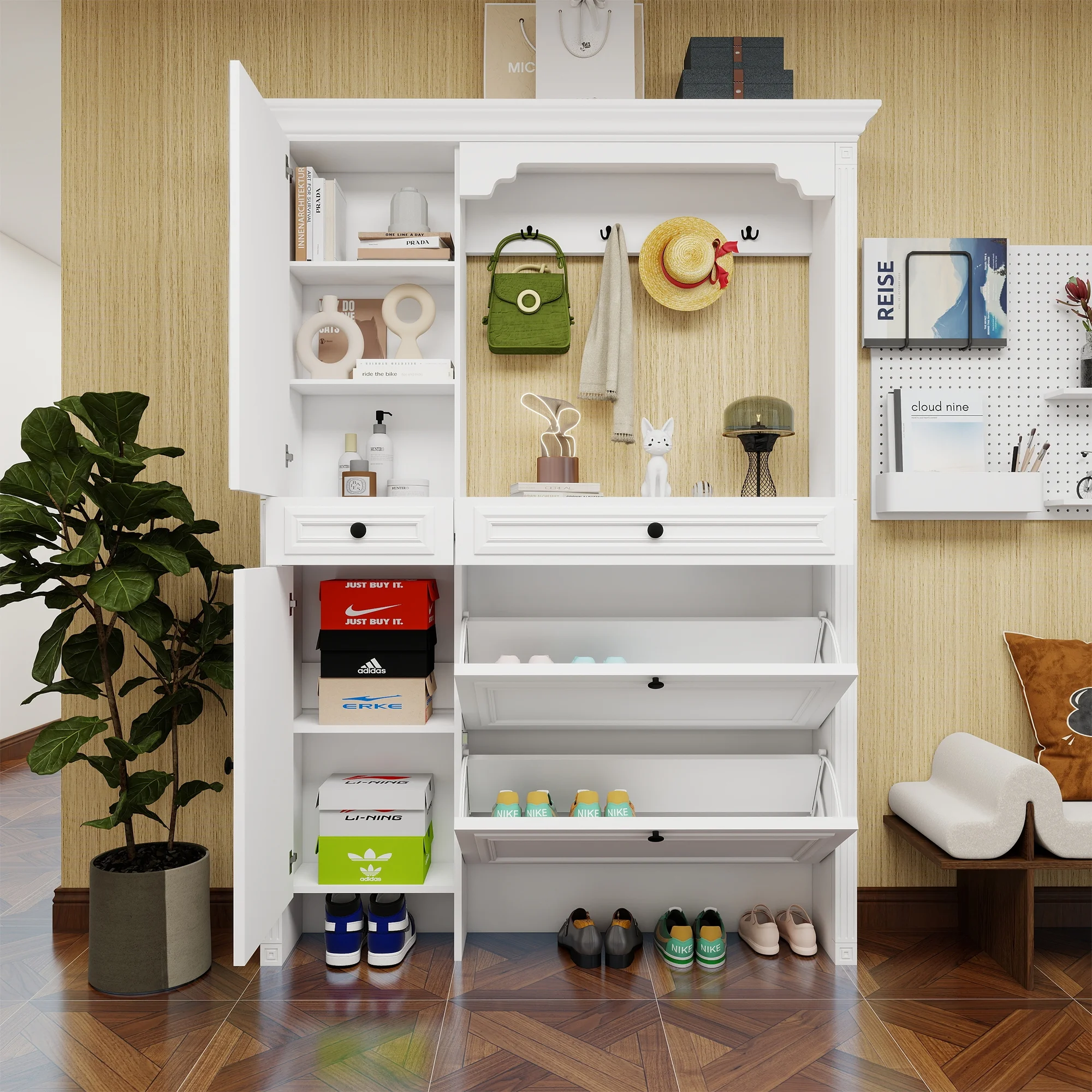 Entryway Bench with Coat Rack,4-in-1 Design Hall Tree with 2 Doors and 2 Drawers,Mirrored Cabinet Door,Shoe Cabinet Storage for Entryway,Living Room,White