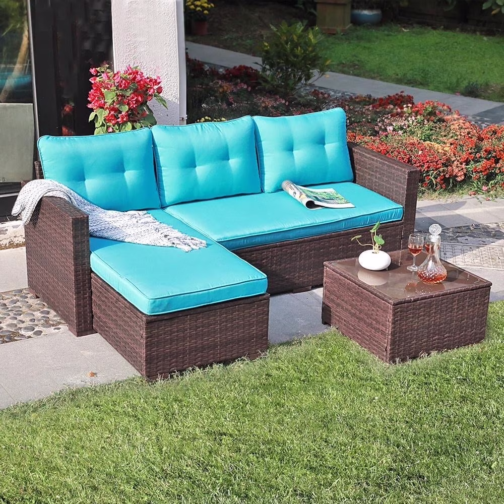 JOIVI 3 Pieces Patio Conversation Set, PE Wicker Rattan Outdoor Furniture Set, 2 Ways Small Sectional Sofa, Tempered Glass Coffee Table, Silver-Gray - Image 9