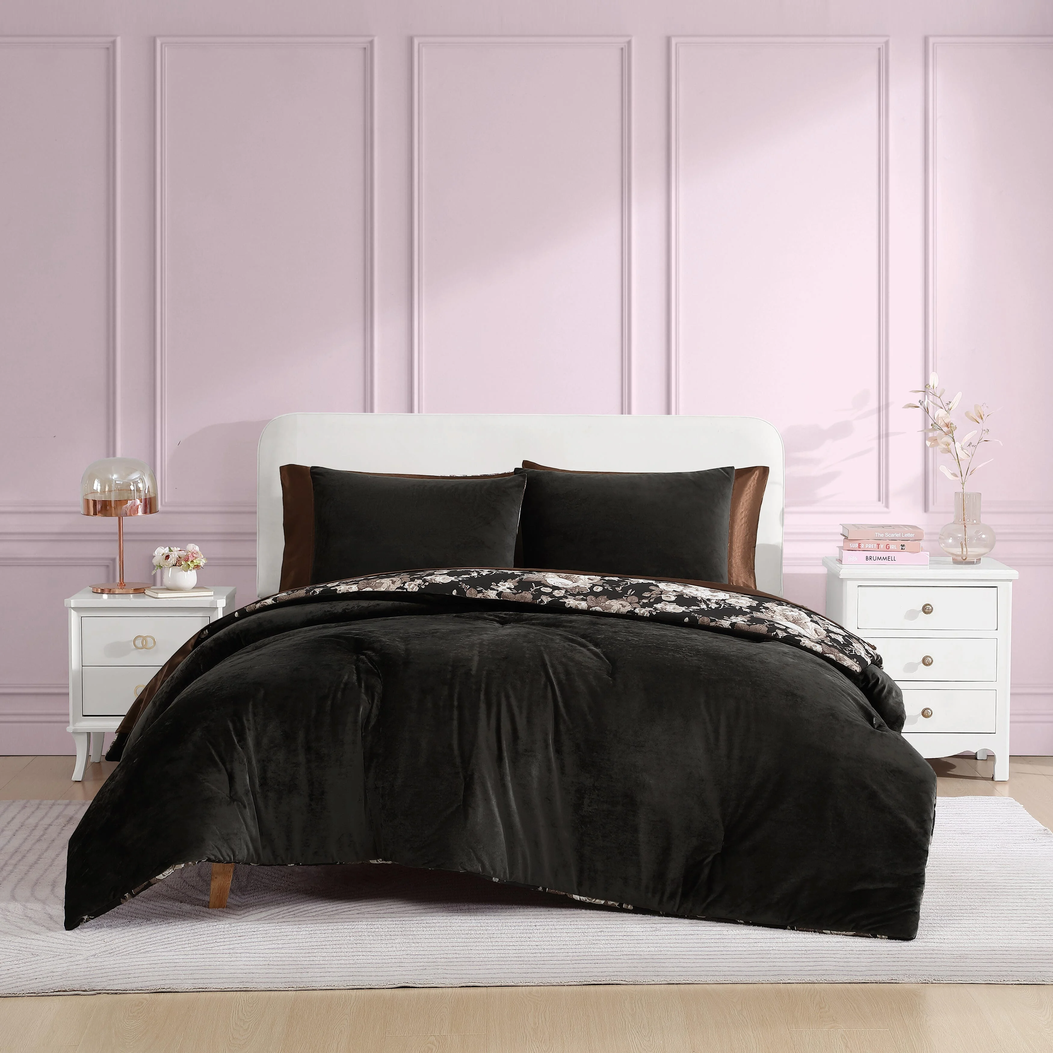 Betsey Johnson - Full/Queen Comforter Set, Velvet Bedding with Matching Shams, Floral Home Decor, Oeko-Tex Certified (Velvet Solid Black, Full/Queen)