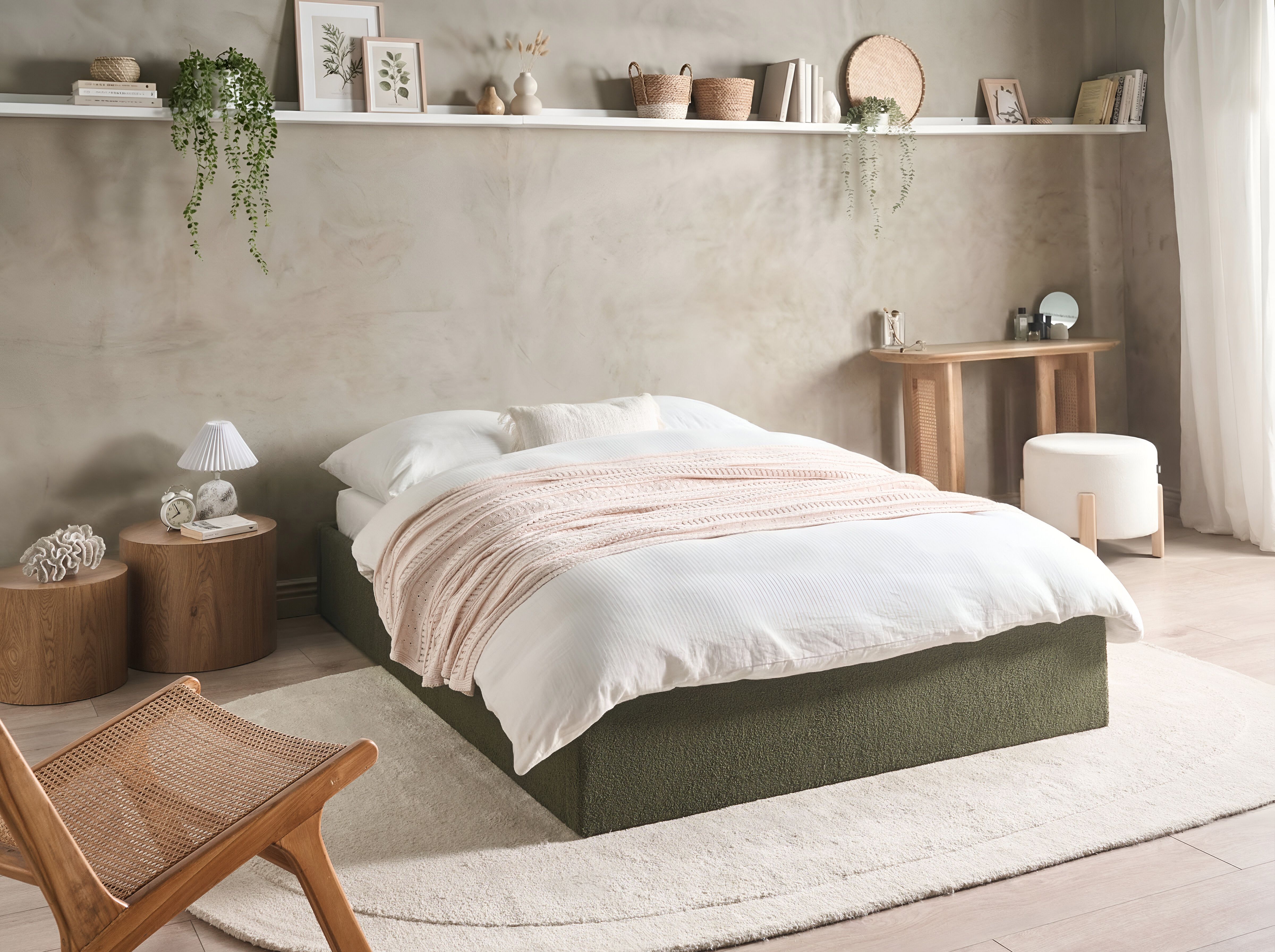 Ottoman Bed without Headboard Boucle DINAN 140 x 200 cm (EU Double) Dark Green