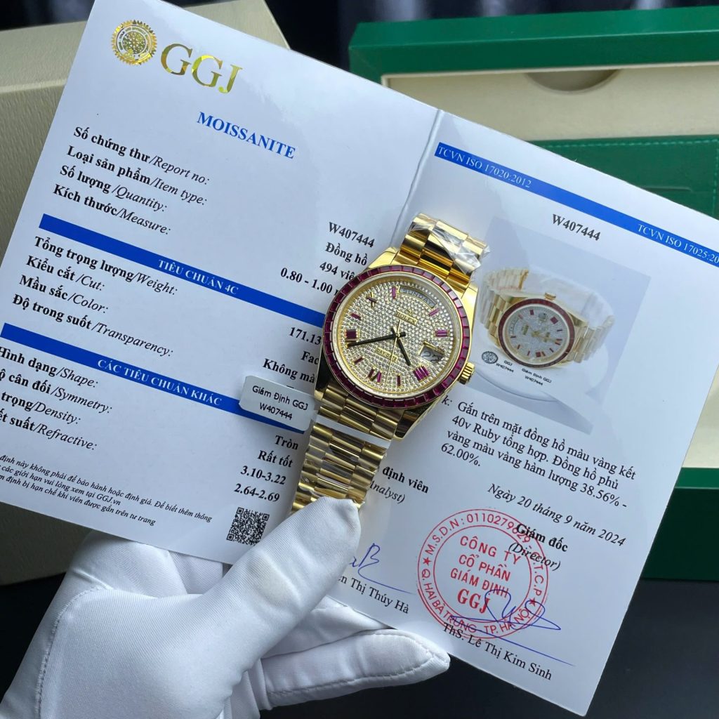 Rolex Day-Date Replica Watch Ruby Red + Moissanite Diamonds Gold Wrapped GM Factory 40mm - Top club