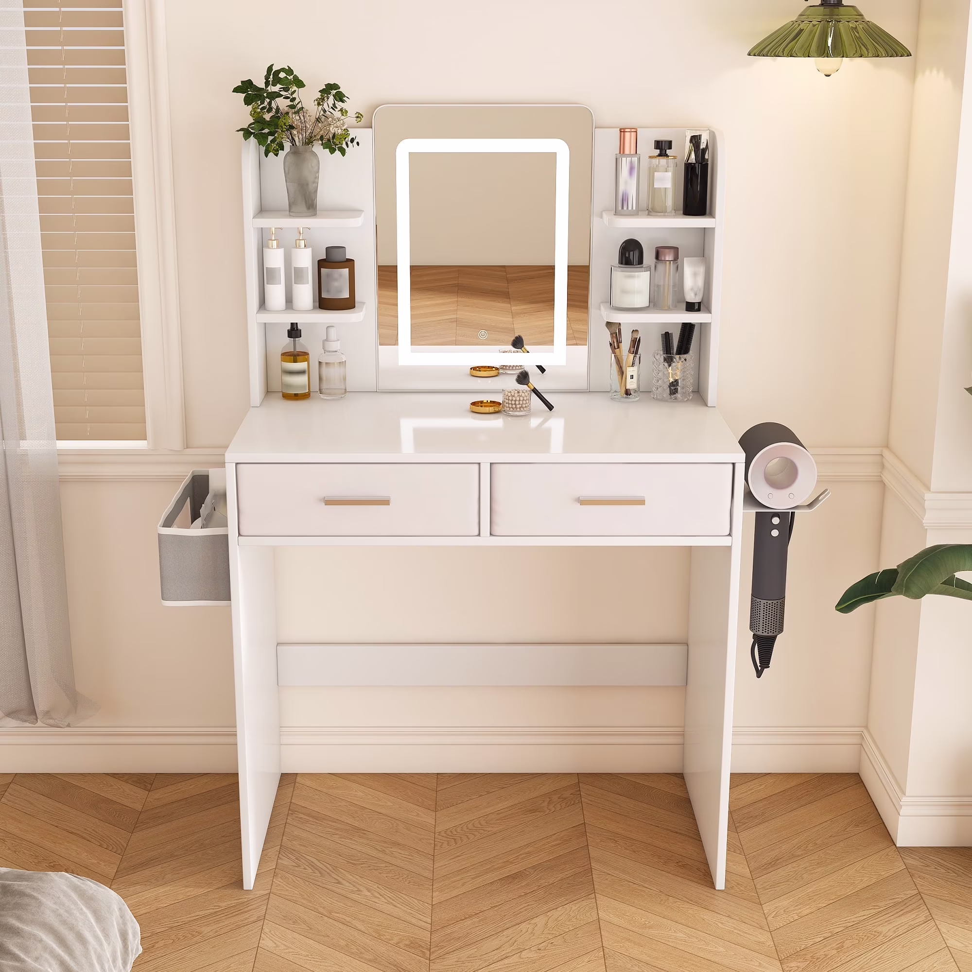Montary Modern Mini Vanity w/Adjustable LED Mirror + Hidden Storage, Padded Stool & Dustproof Shelves (White) - Image 16