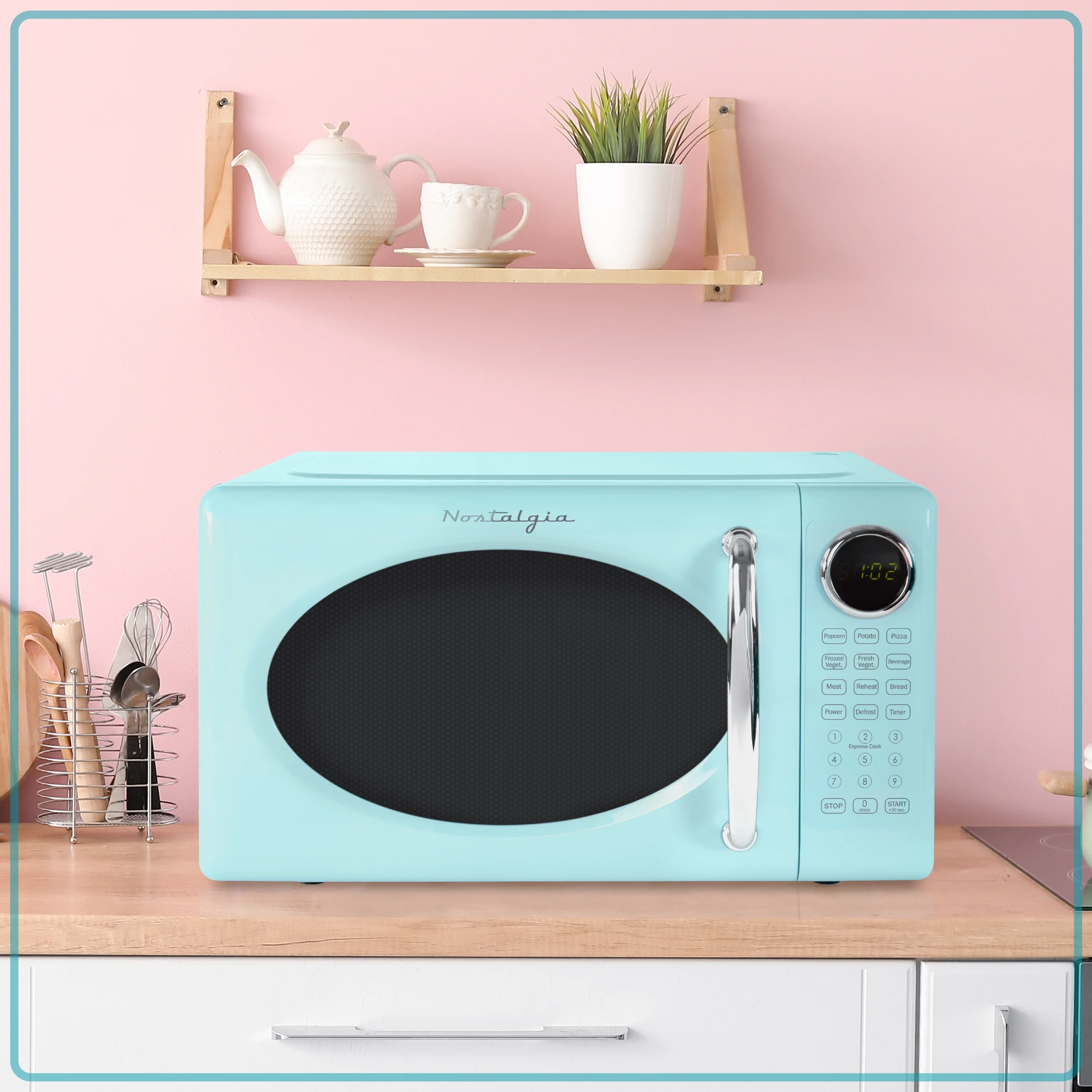 Nostalgia Retro Microwave Oven - 0.7 Cu Ft & 700-Watt Countertop Microwave with Glass Turntable, Child Safety Lock, 8 Auto-Cook Programs & Digital Clock - Aqua - Image 6