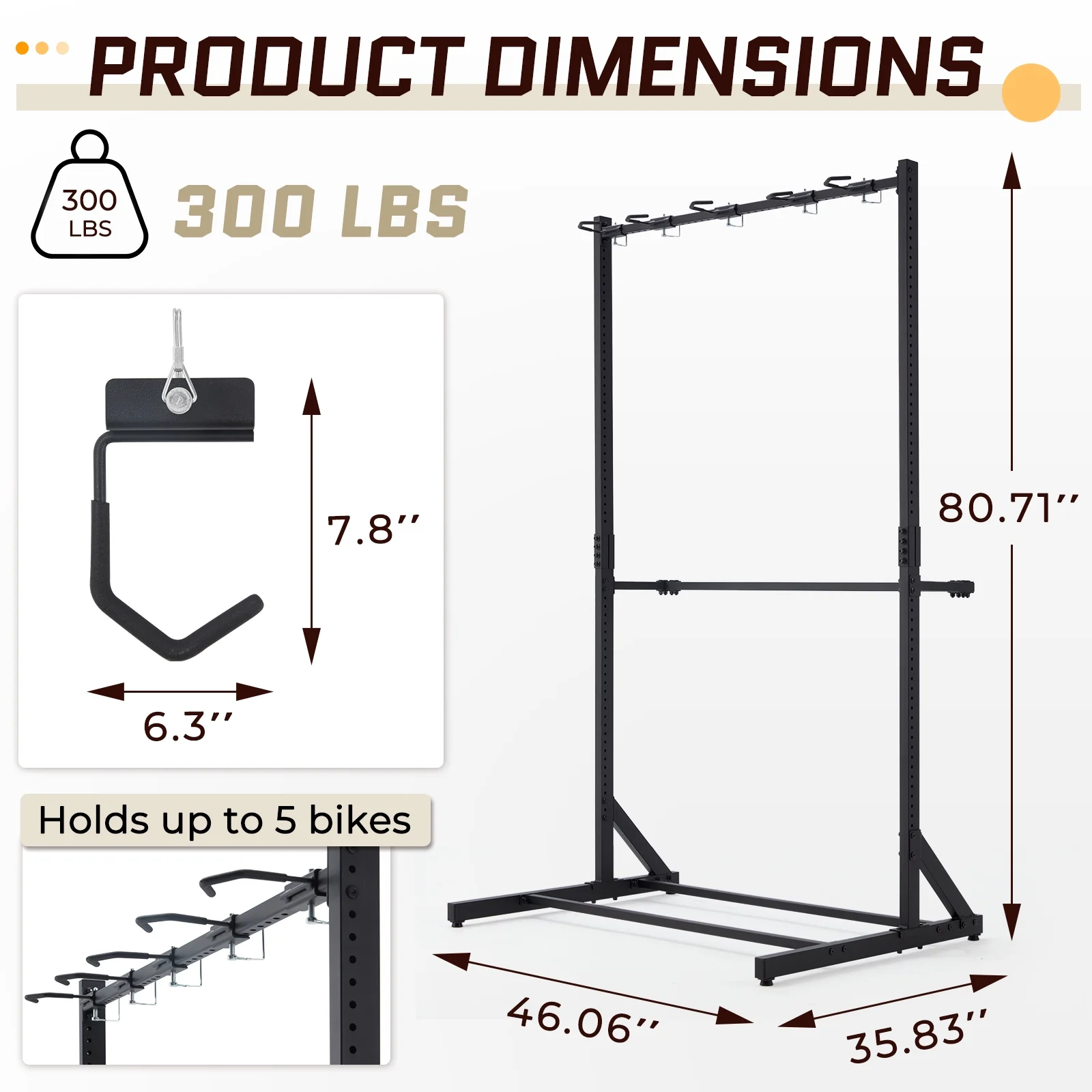 Danrelax Freestanding Bike Storage Rack, 300 lbs 5 Bikes Capacity, Vertical Bike Rack for Garage, Adjustable Hooks, Indoor Bicycle Storage Stand for Home, Black - Image 2