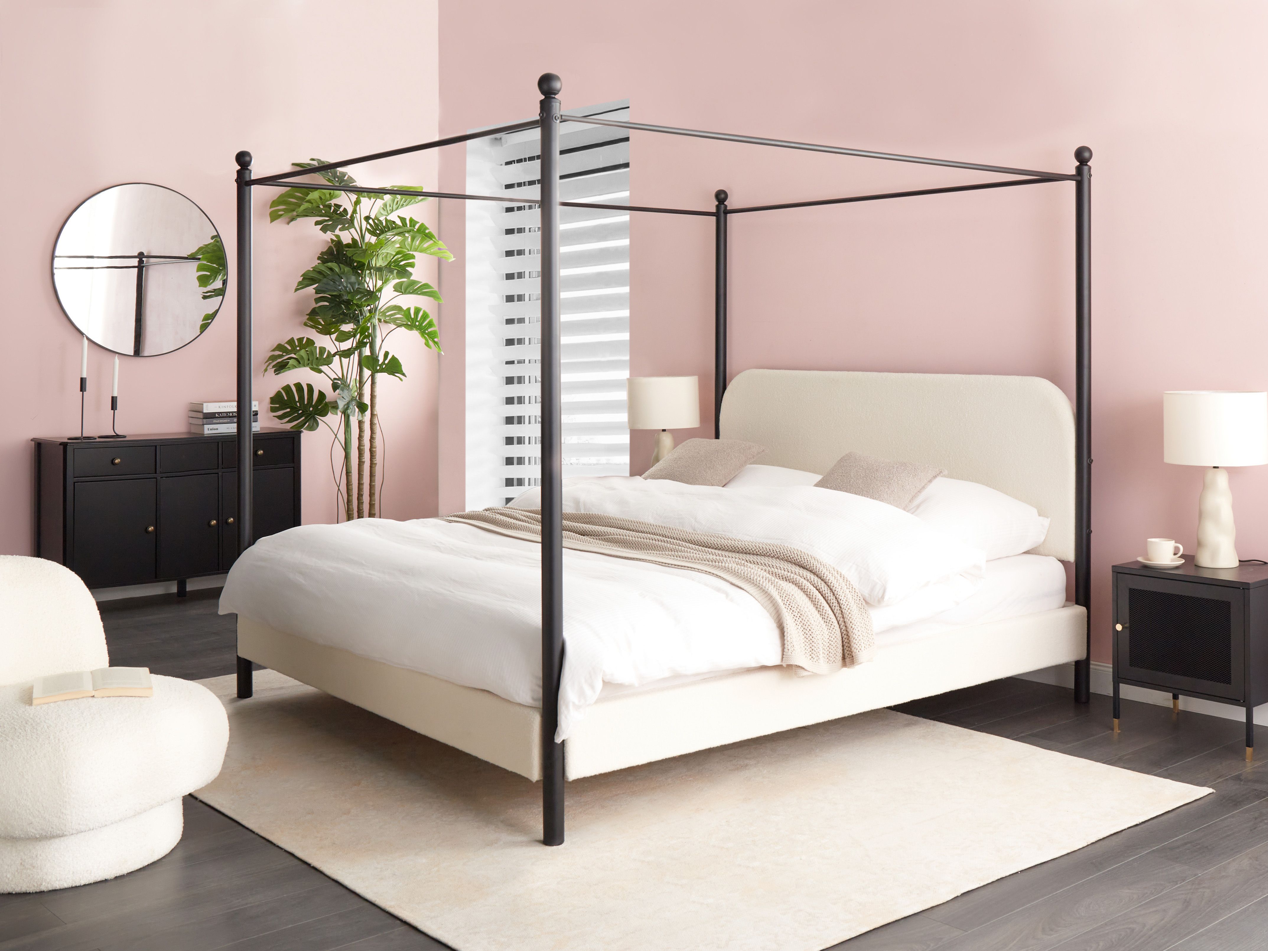 Four Poster Bed Boucle DANNEMOIS 180 x 200 cm (EU Super King) Off-White