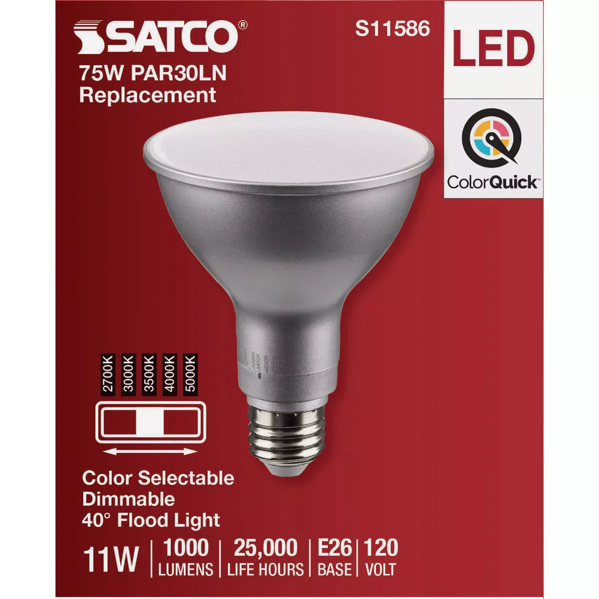 Satco 75W Equivalent 5CCT-Selectable PAR30 Long Neck Medium Dimmable LED Floodlight Bulb