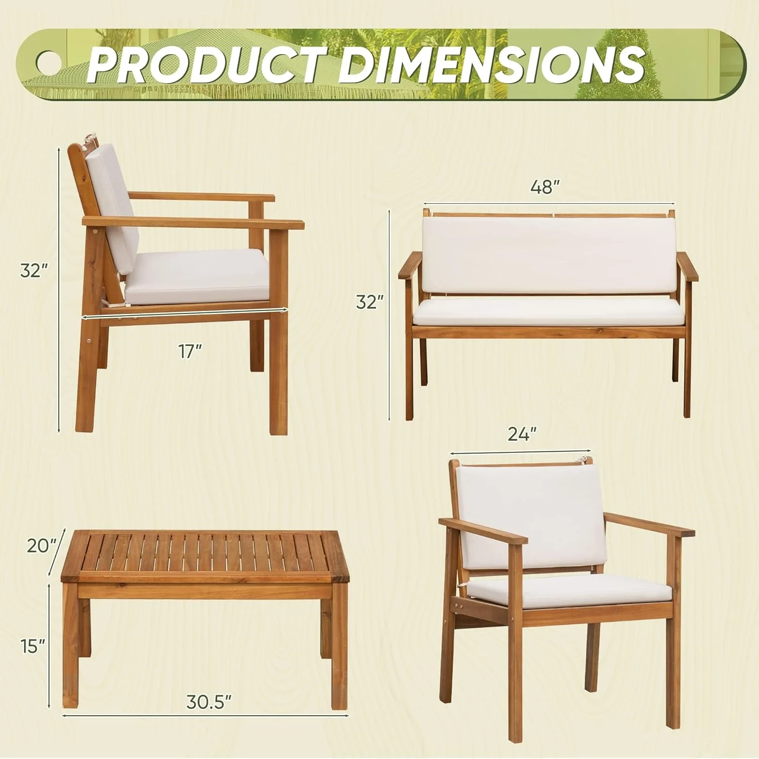 Flamaker 4-Piece Outdoor Acacia Wood Patio Conversation Sofa Set With Table And Cushions - Image 7 Flamaker 4-Piece Outdoor Acacia Wood Patio Conversation Sofa Set With Table And Cushions - Image 7