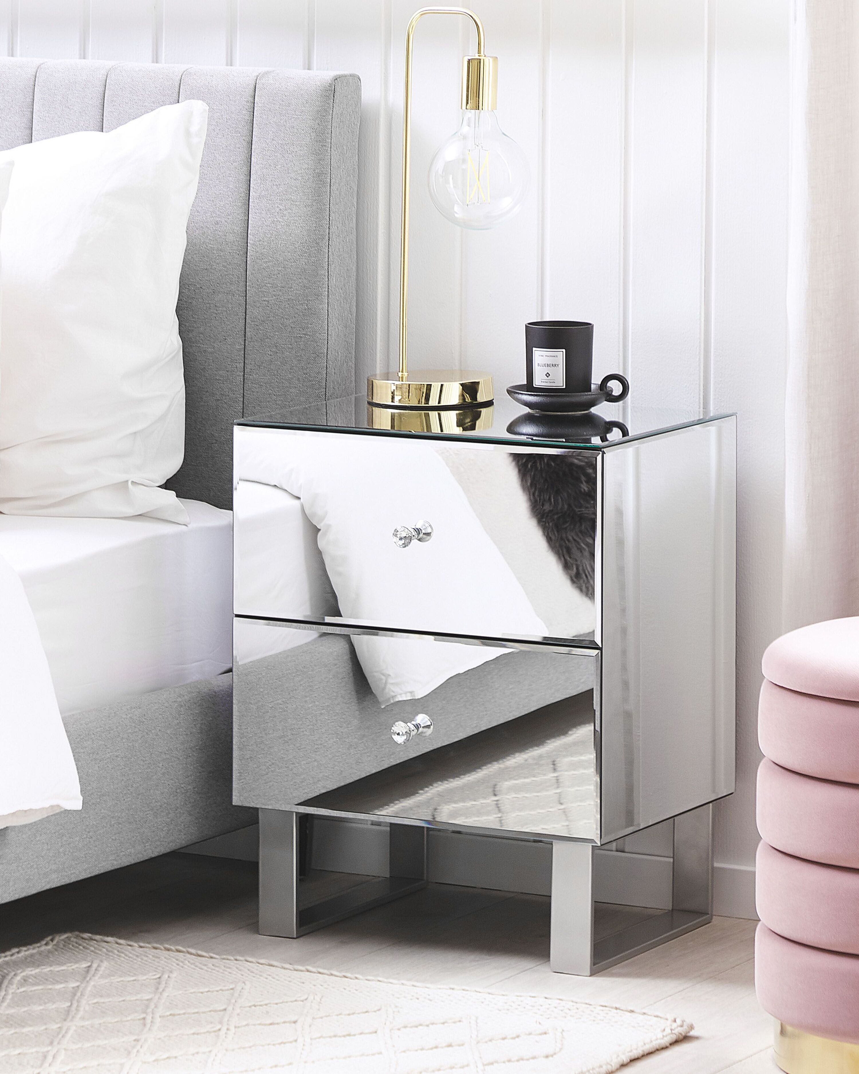 2 Drawer Bedside Table NESLE Glass Mirrored Silver