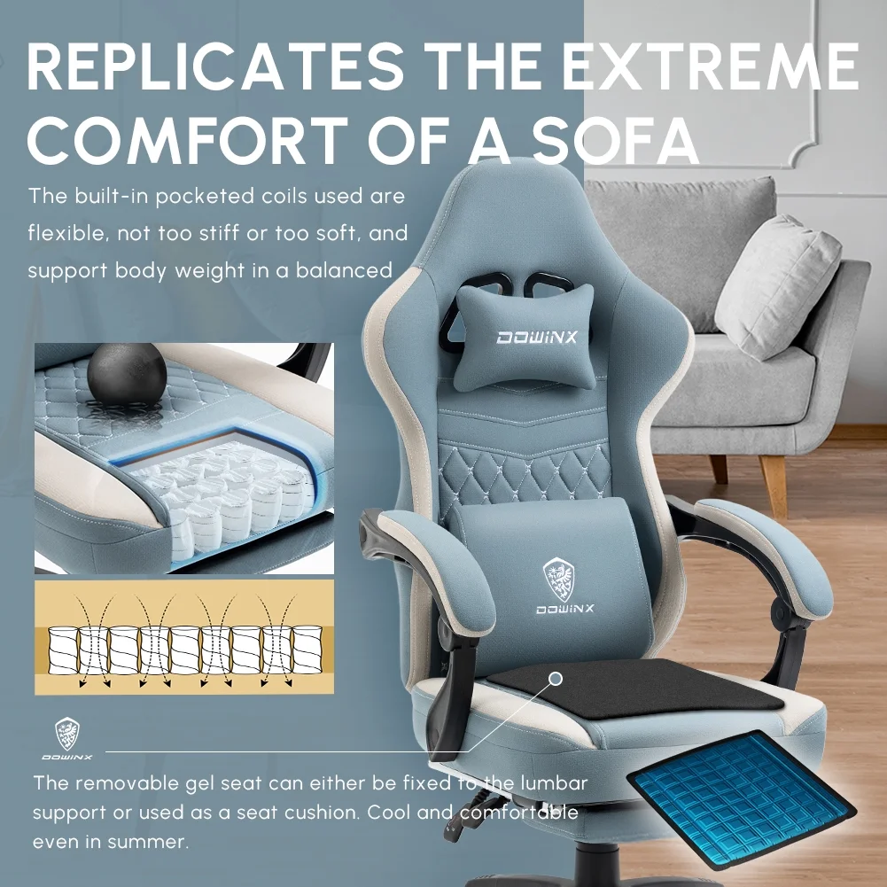 Dowinx Gaming Chair with Pocket Spring Cushion, Breathable Fabric Computer Chair with Gel Pad, Comfortable Office Chair with Storage Bag, Massage Game Chair with Footrest, Green - Image 27