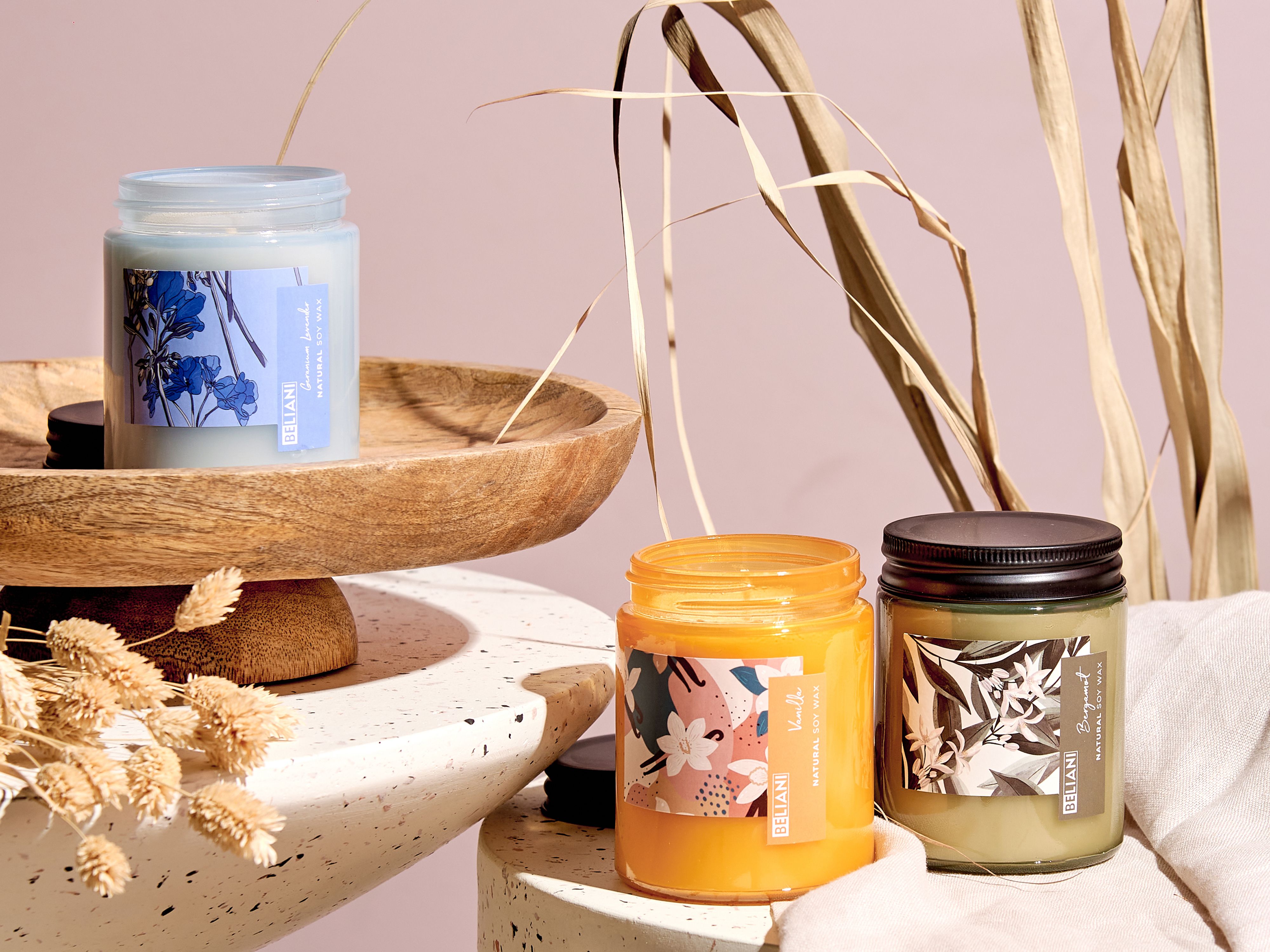 Set of 3 Scented Candles FRUITY BLOOM Soy Wax Fresh Notes Floral Notes