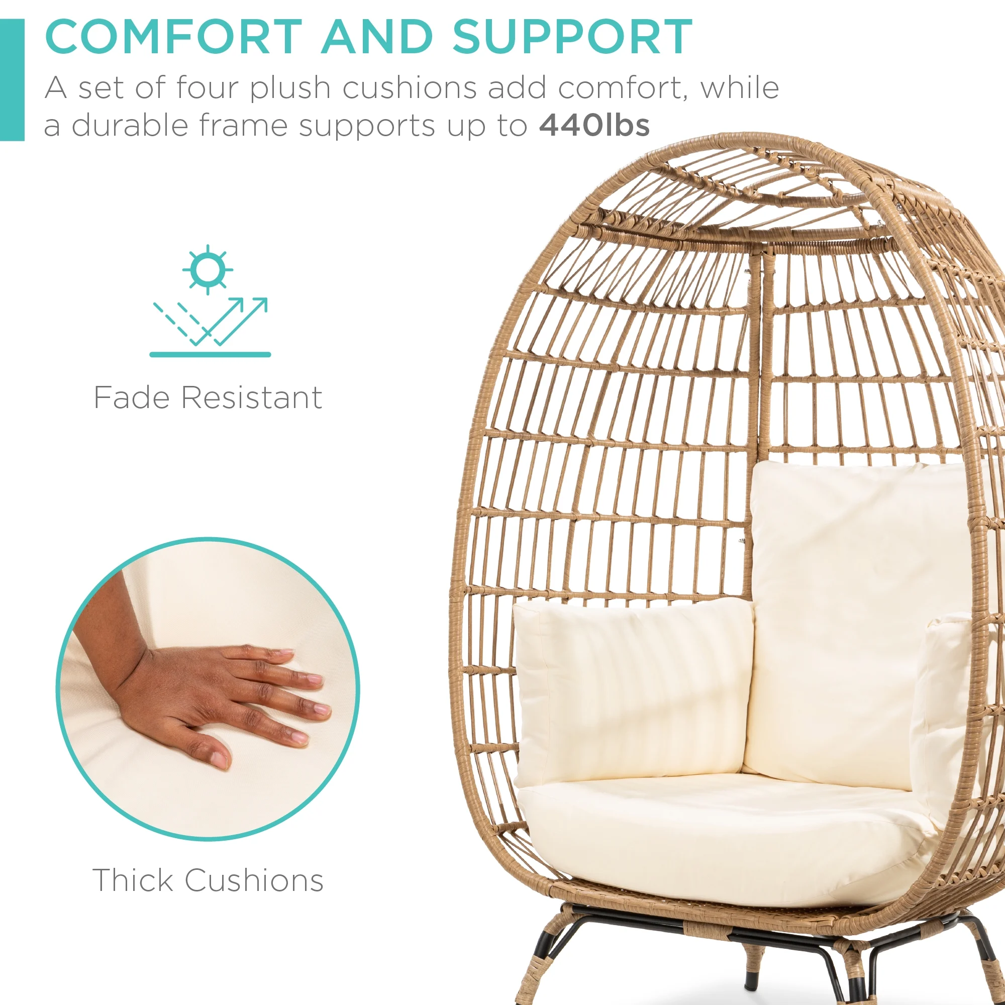 Best Choice Products Wicker Egg Chair Oversized Indoor Outdoor Patio Lounger w/ Steel Frame, 440lb Capacity - Black - Image 16