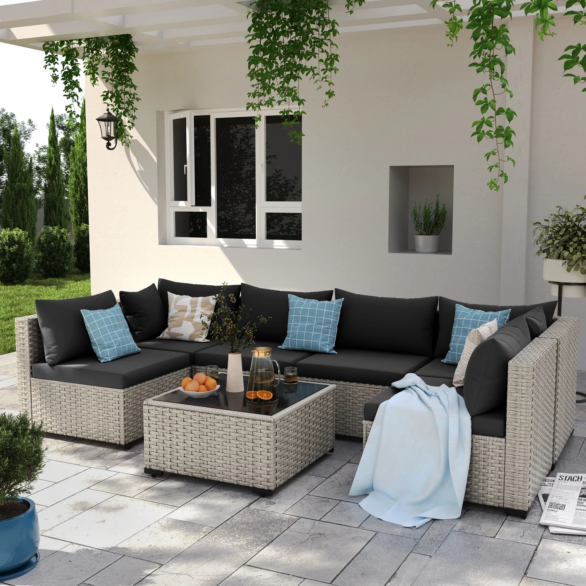 7 Pieces Patio Conversation Set, Outdoor Sectional PE Rattan Wicker Furniture Seat,Dark Gray - Image 55