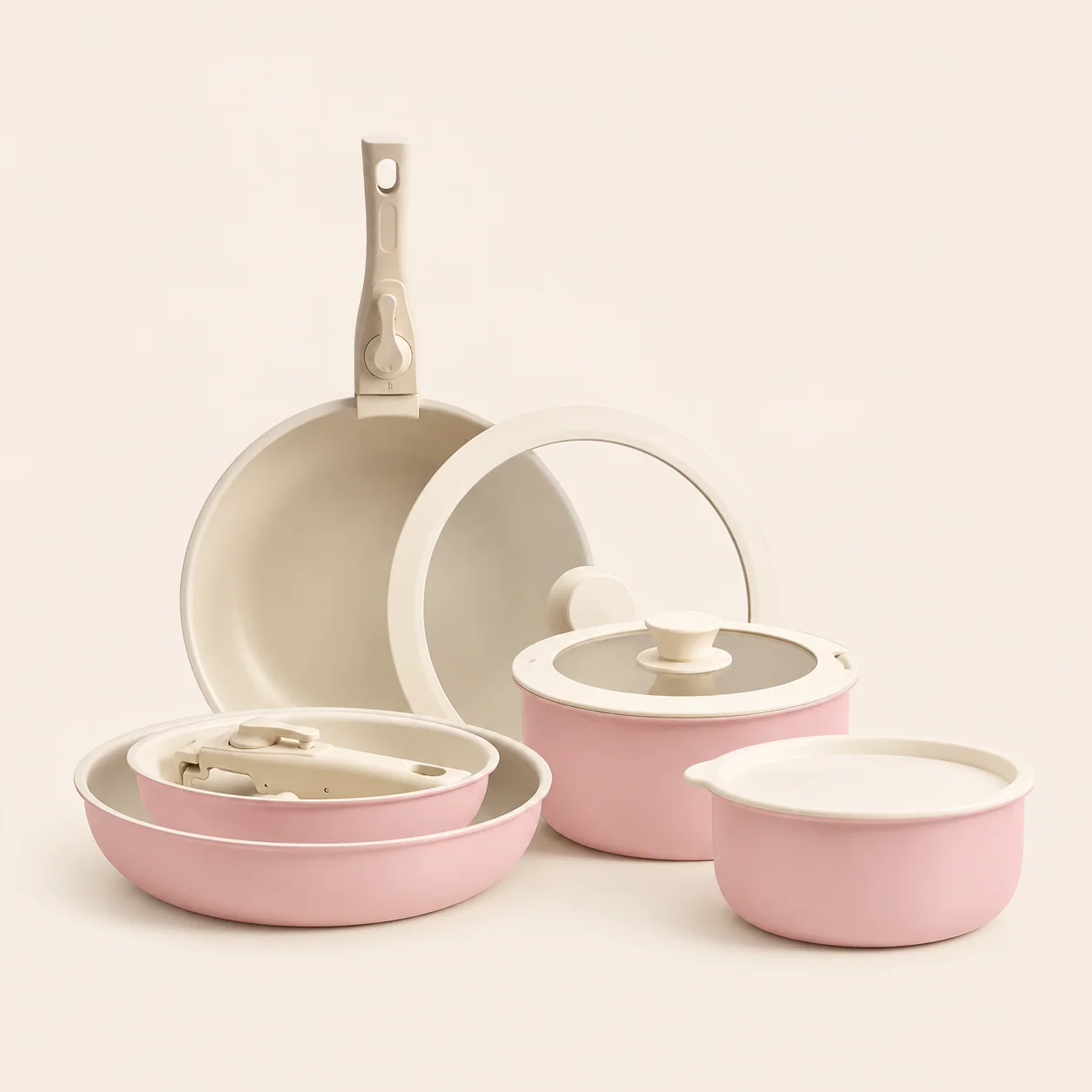 Pink Aluminum Cookware Set with Removable Handles and Lids