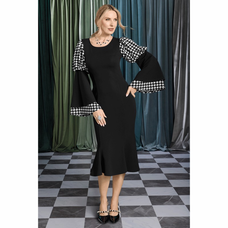 Houndstooth Bell-Sleeve Sheath Dress - MIDNIGHT VELVET CATALOG